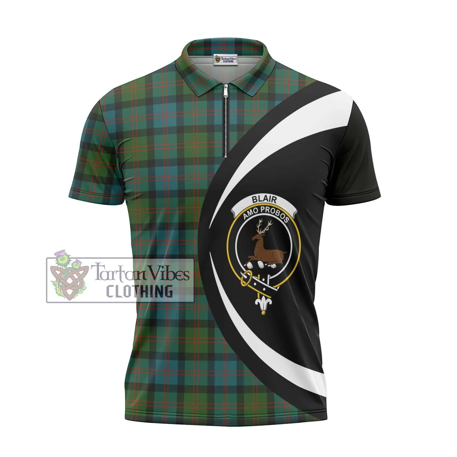 Blair Ancient Tartan Zipper Polo Shirt with Family Crest Circle Style