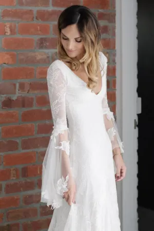 Boho V Neck Beach Wedding Dress with Long Sleeves, Unique Lace Wedding Dresses UQ1830