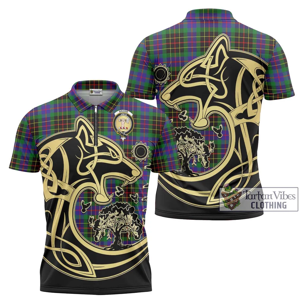 Brodie Hunting Modern Tartan Zipper Polo Shirt with Family Crest Celtic Wolf Style