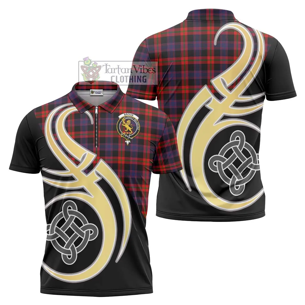 Broun Modern Tartan Zipper Polo Shirt with Family Crest and Celtic Symbol Style