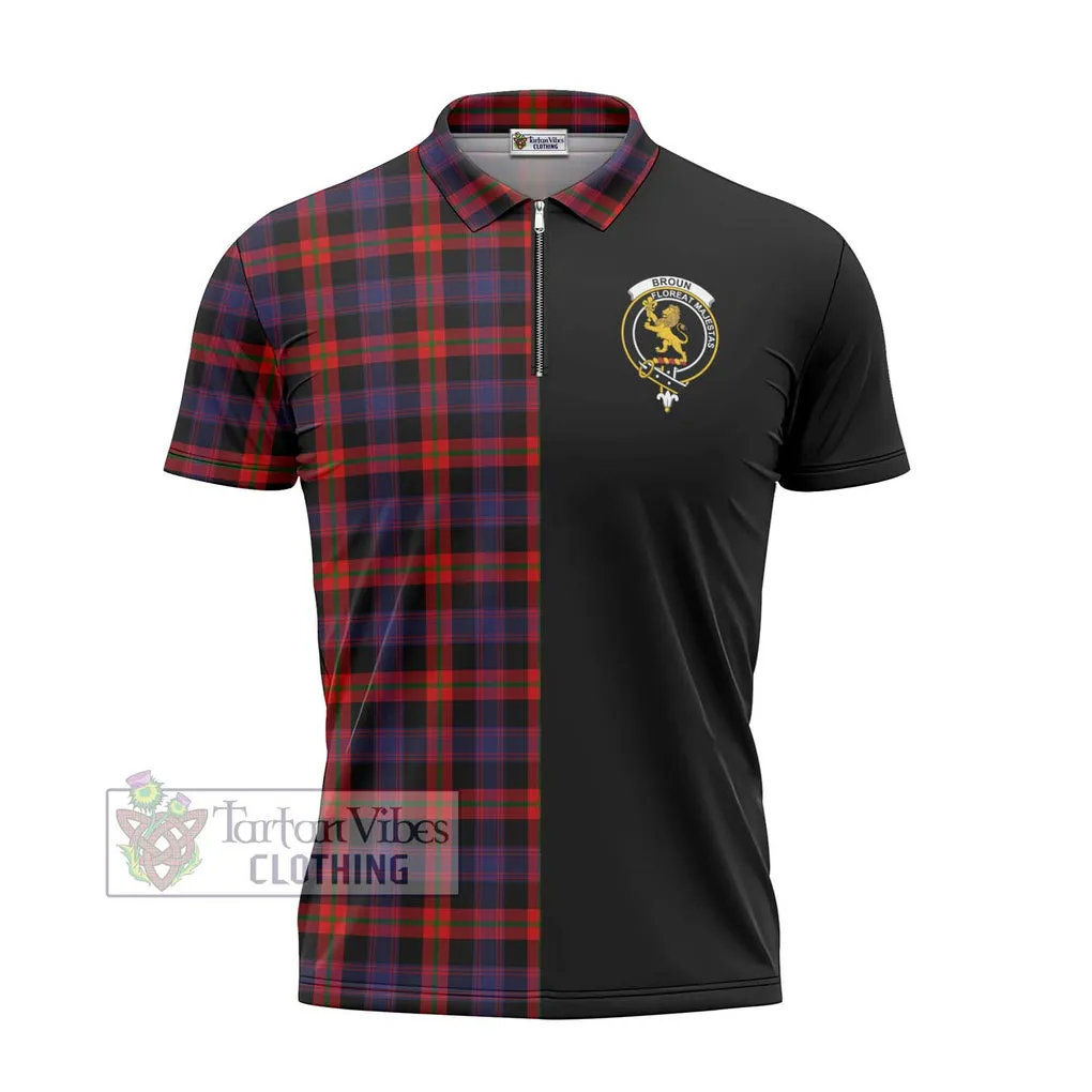 Broun Modern Tartan Zipper Polo Shirt with Family Crest and Half Of Me Style