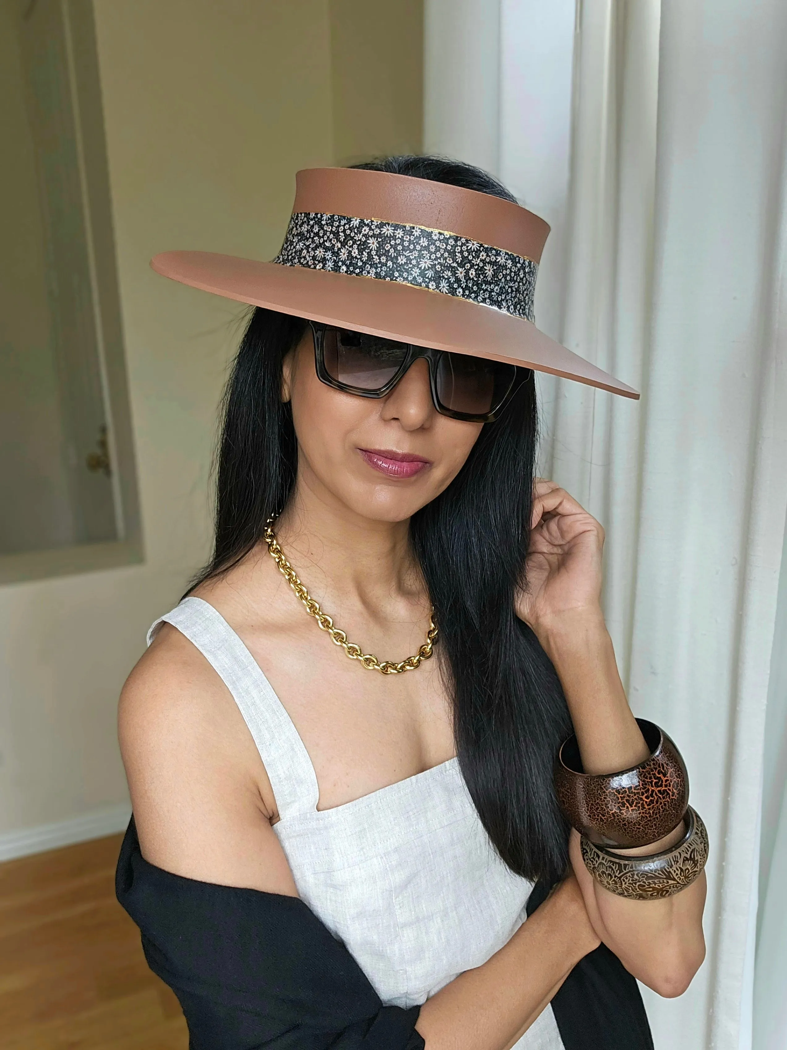 Brown "LadyEVA" Visor Hat with Black Floral Band