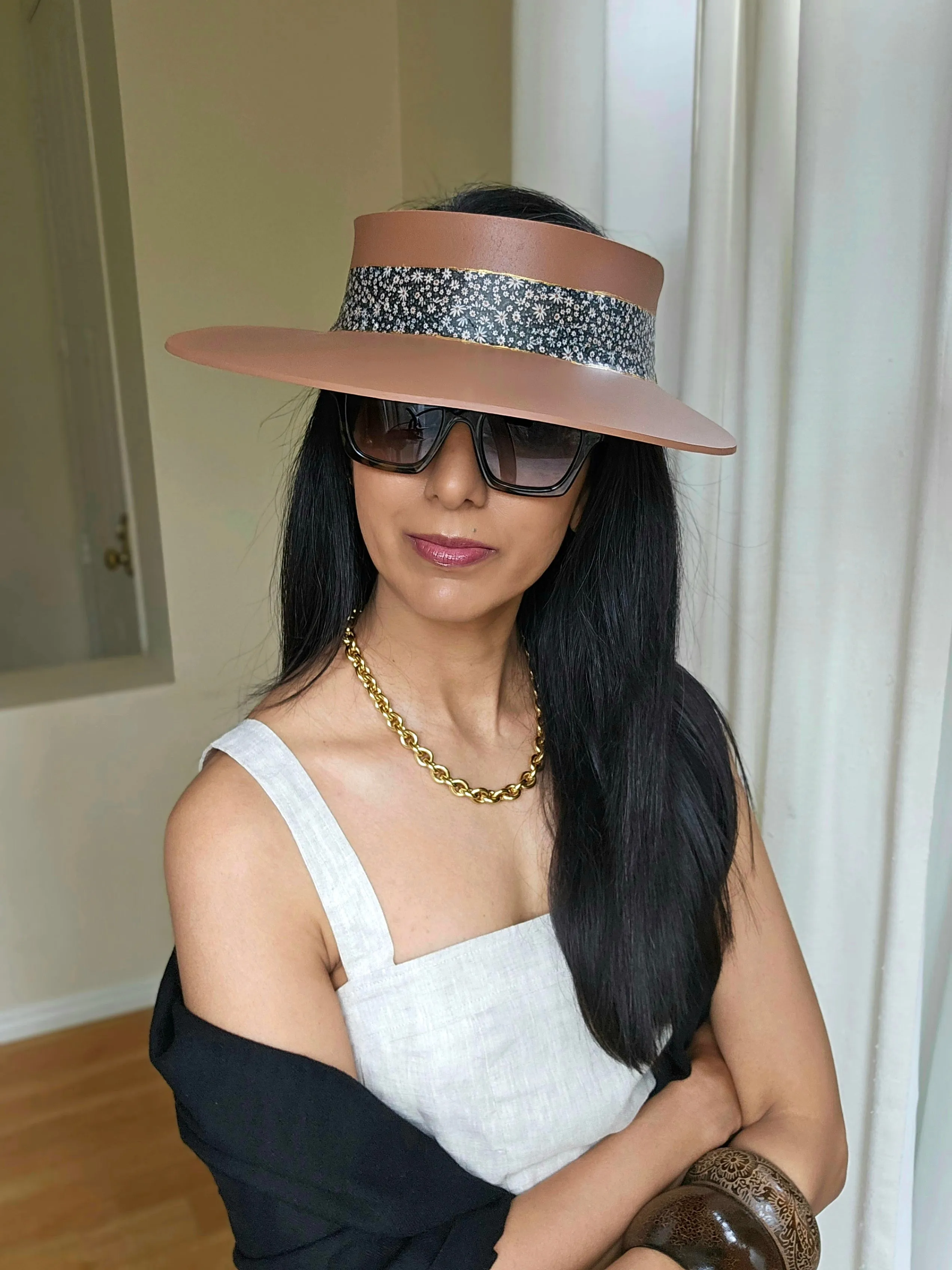 Brown "LadyEVA" Visor Hat with Black Floral Band