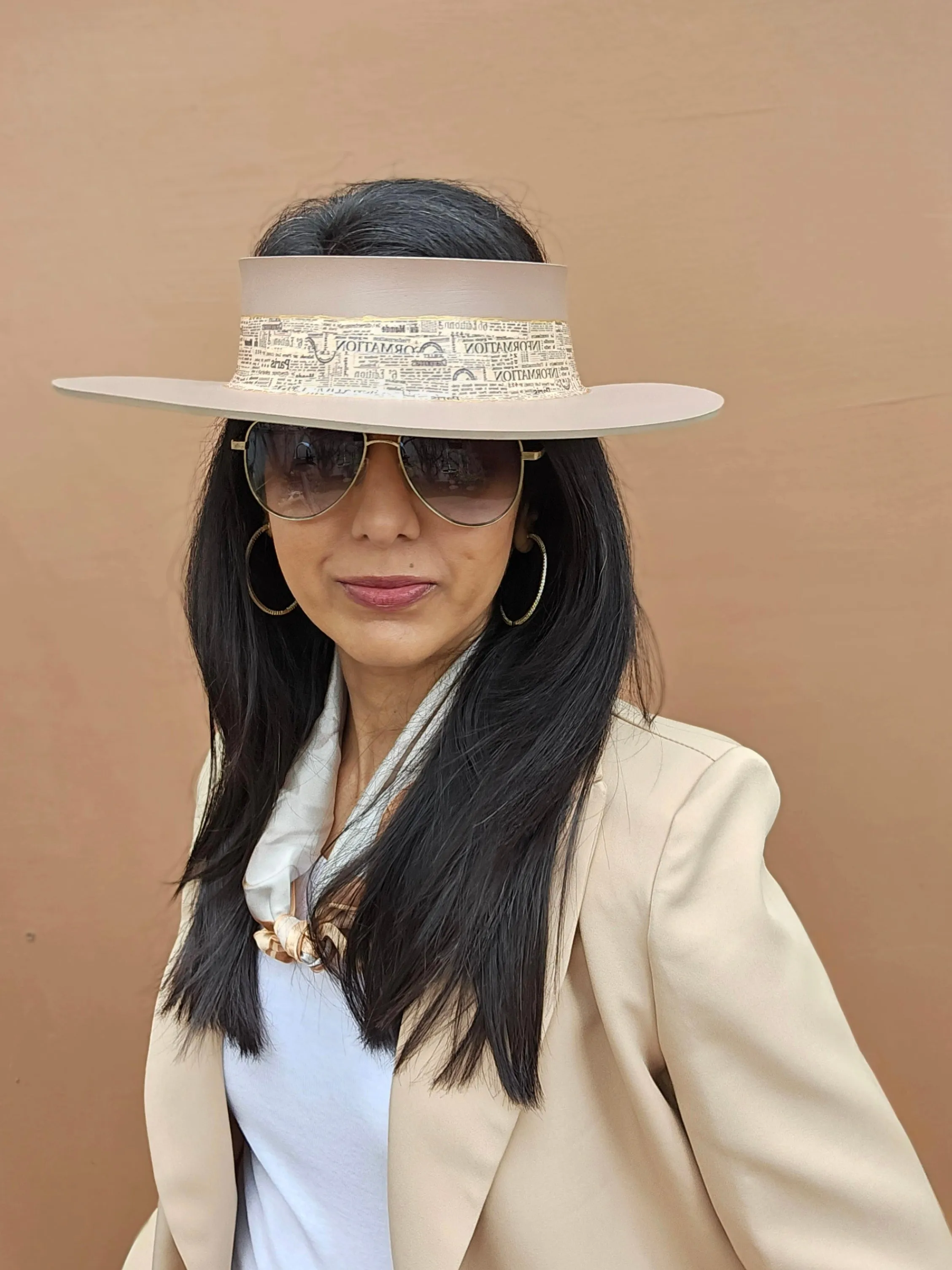 Brown "LadyEVA" Visor Hat with Newspaper Script Themed Band