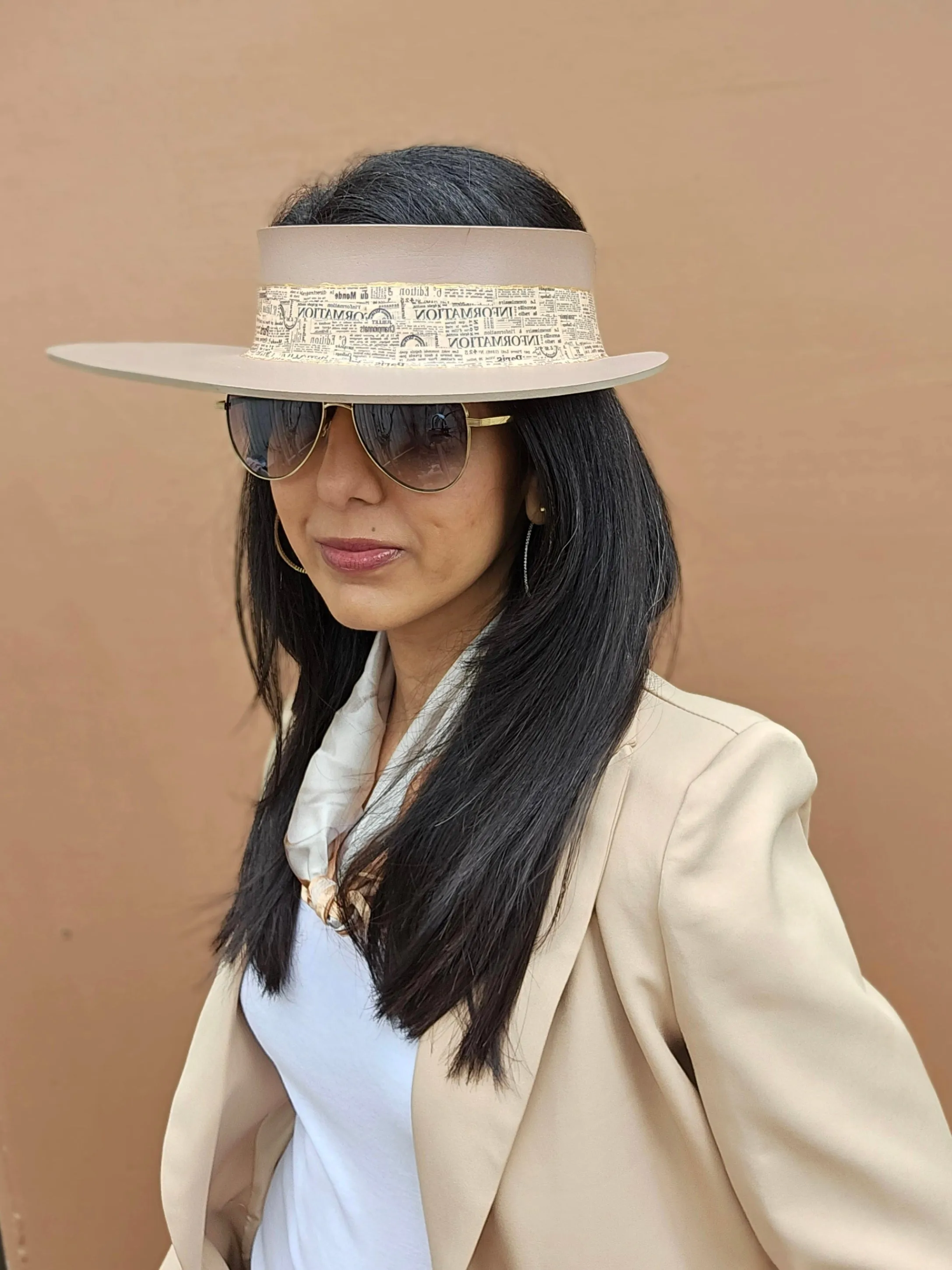 Brown "LadyEVA" Visor Hat with Newspaper Script Themed Band