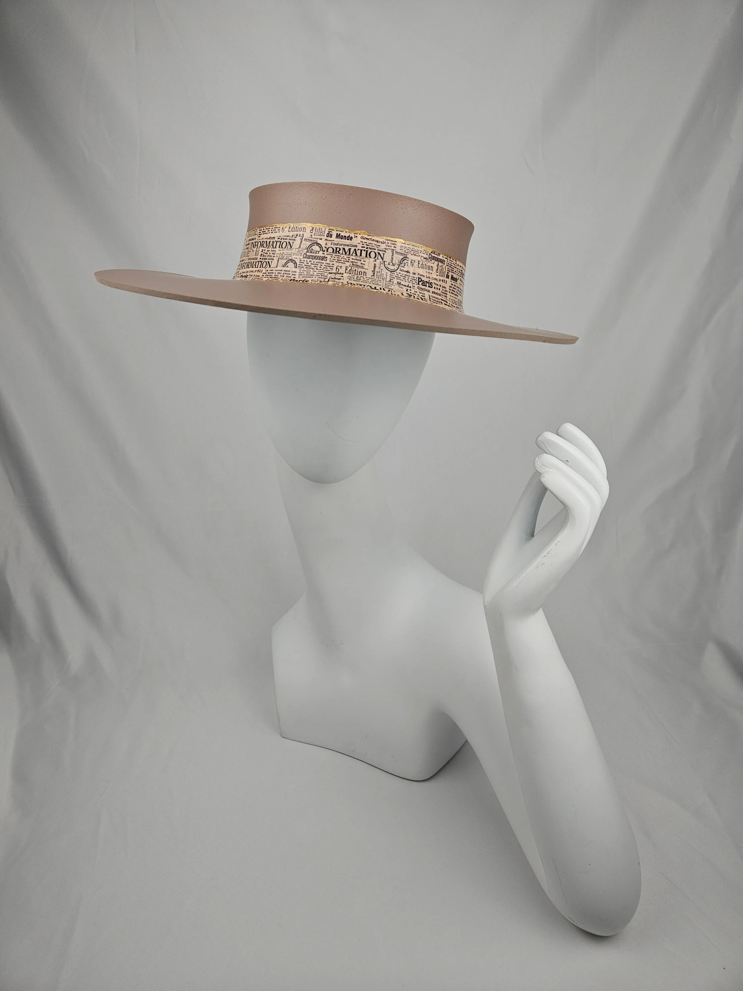 Brown "LadyEVA" Visor Hat with Newspaper Script Themed Band