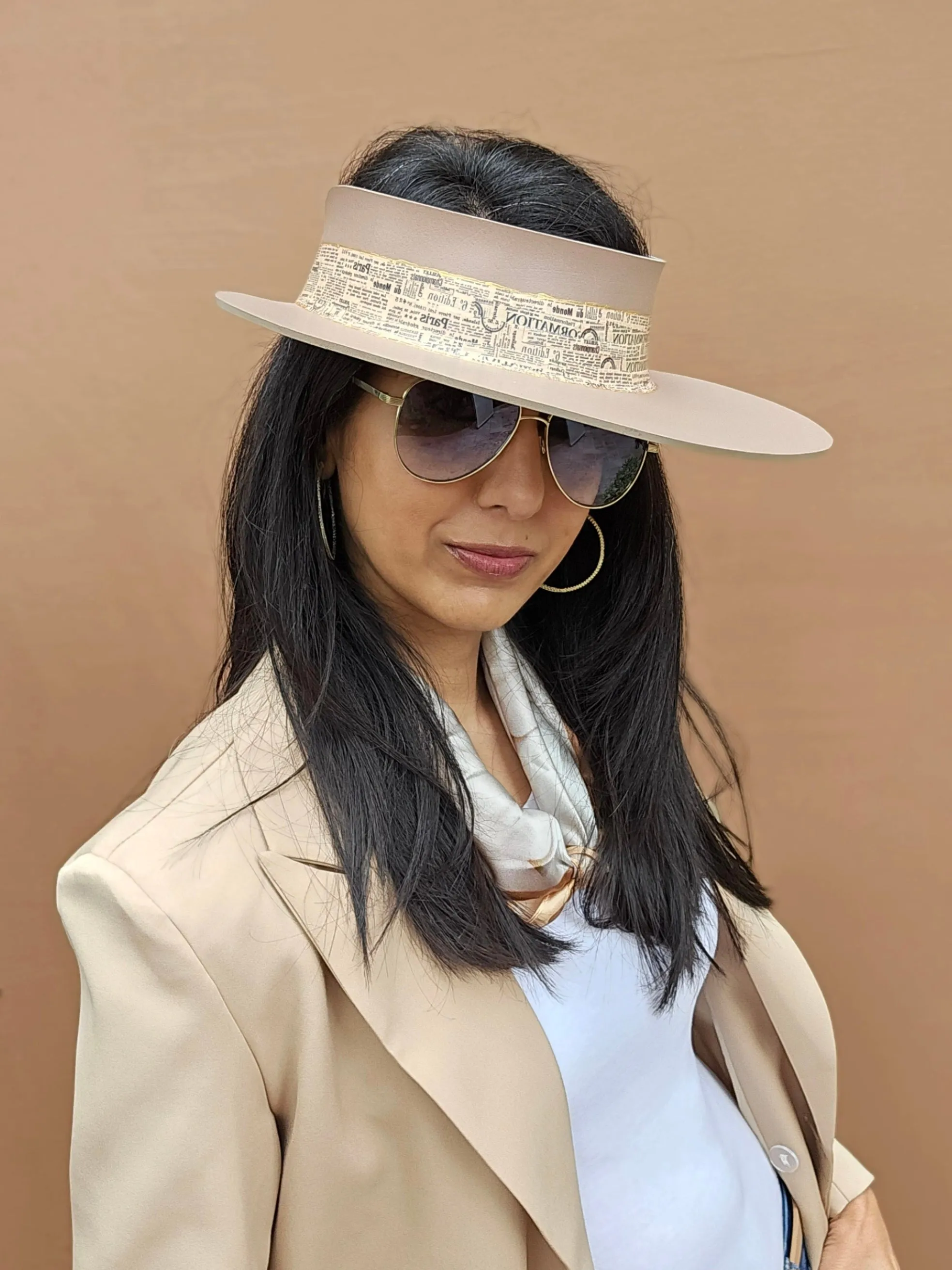 Brown "LadyEVA" Visor Hat with Newspaper Script Themed Band