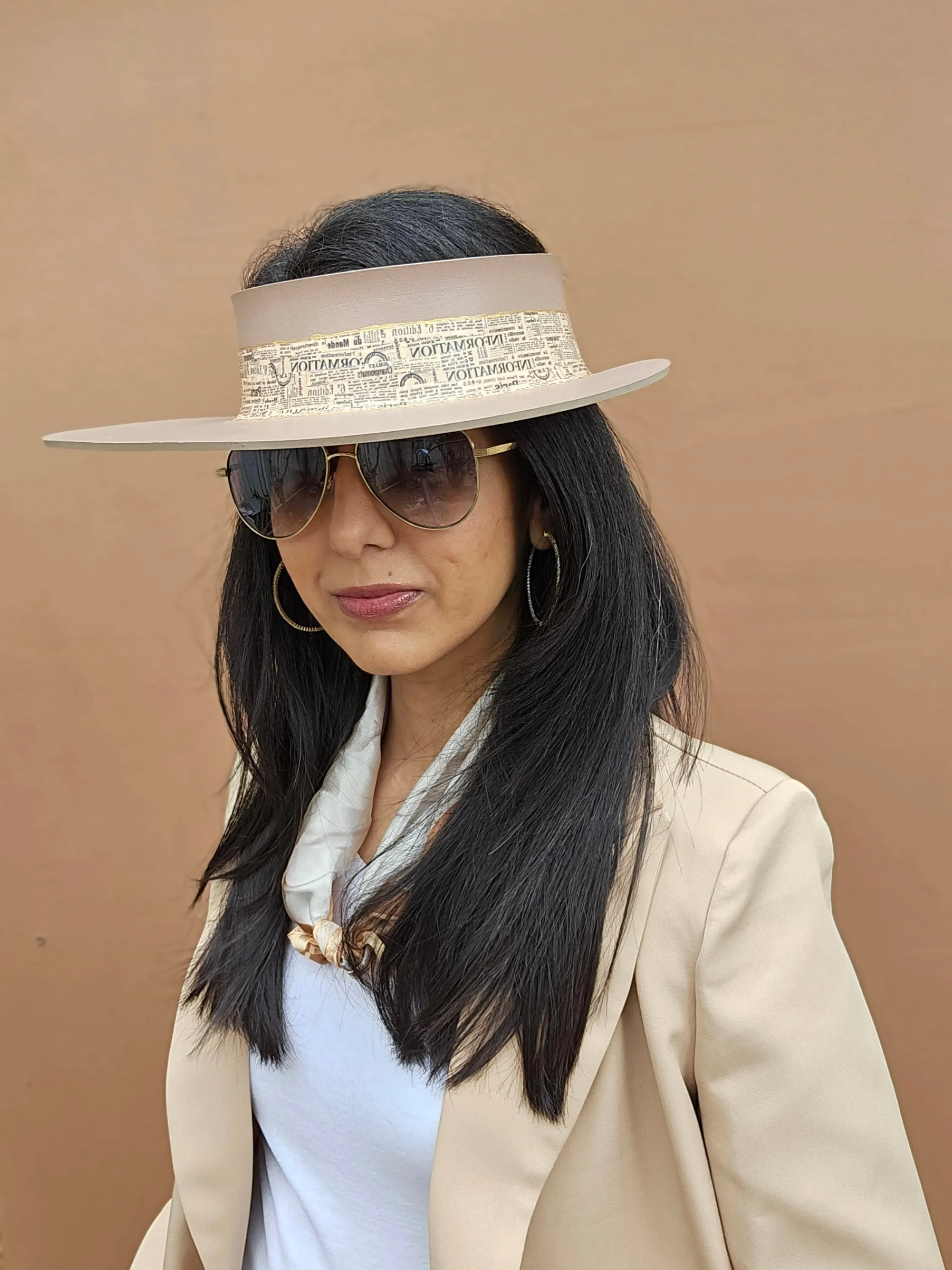 Brown "LadyEVA" Visor Hat with Newspaper Script Themed Band