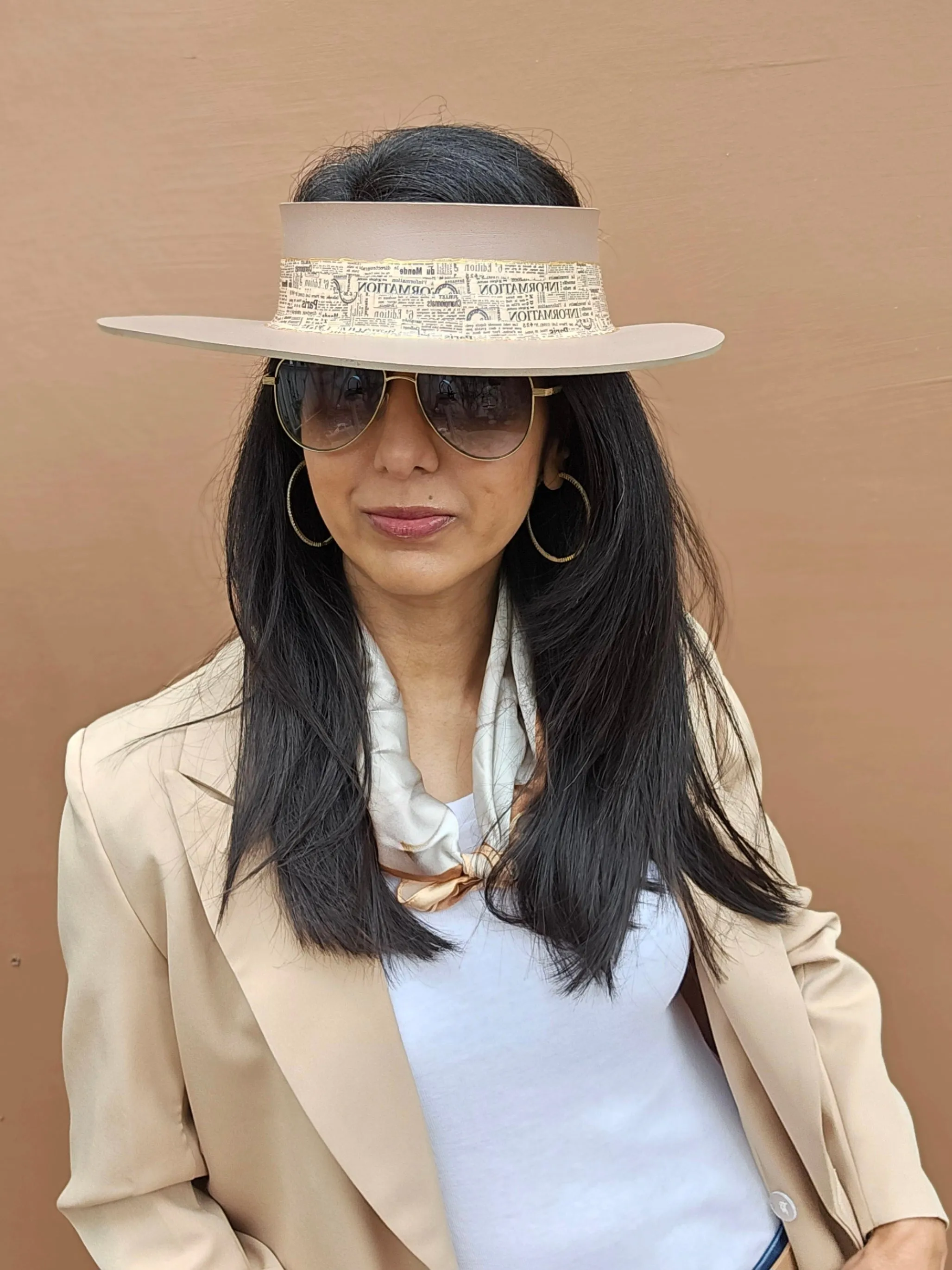 Brown "LadyEVA" Visor Hat with Newspaper Script Themed Band