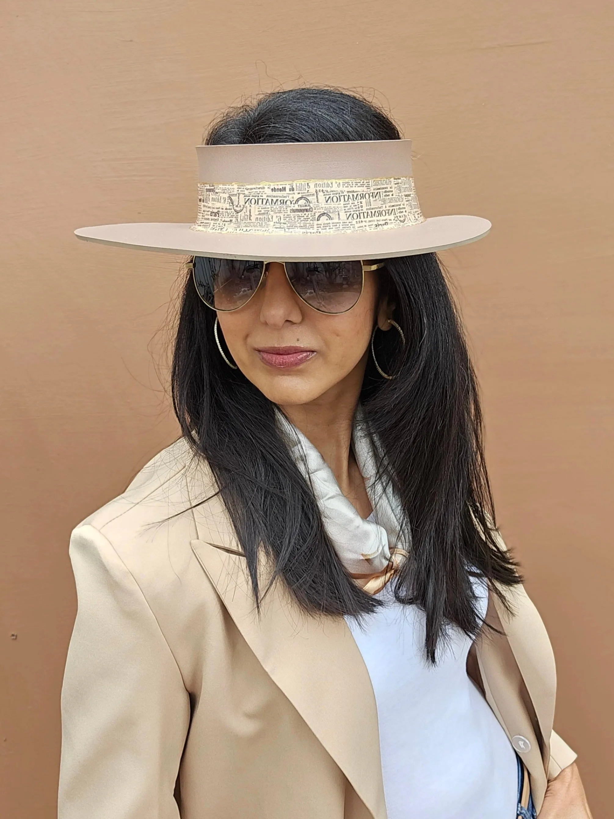 Brown "LadyEVA" Visor Hat with Newspaper Script Themed Band