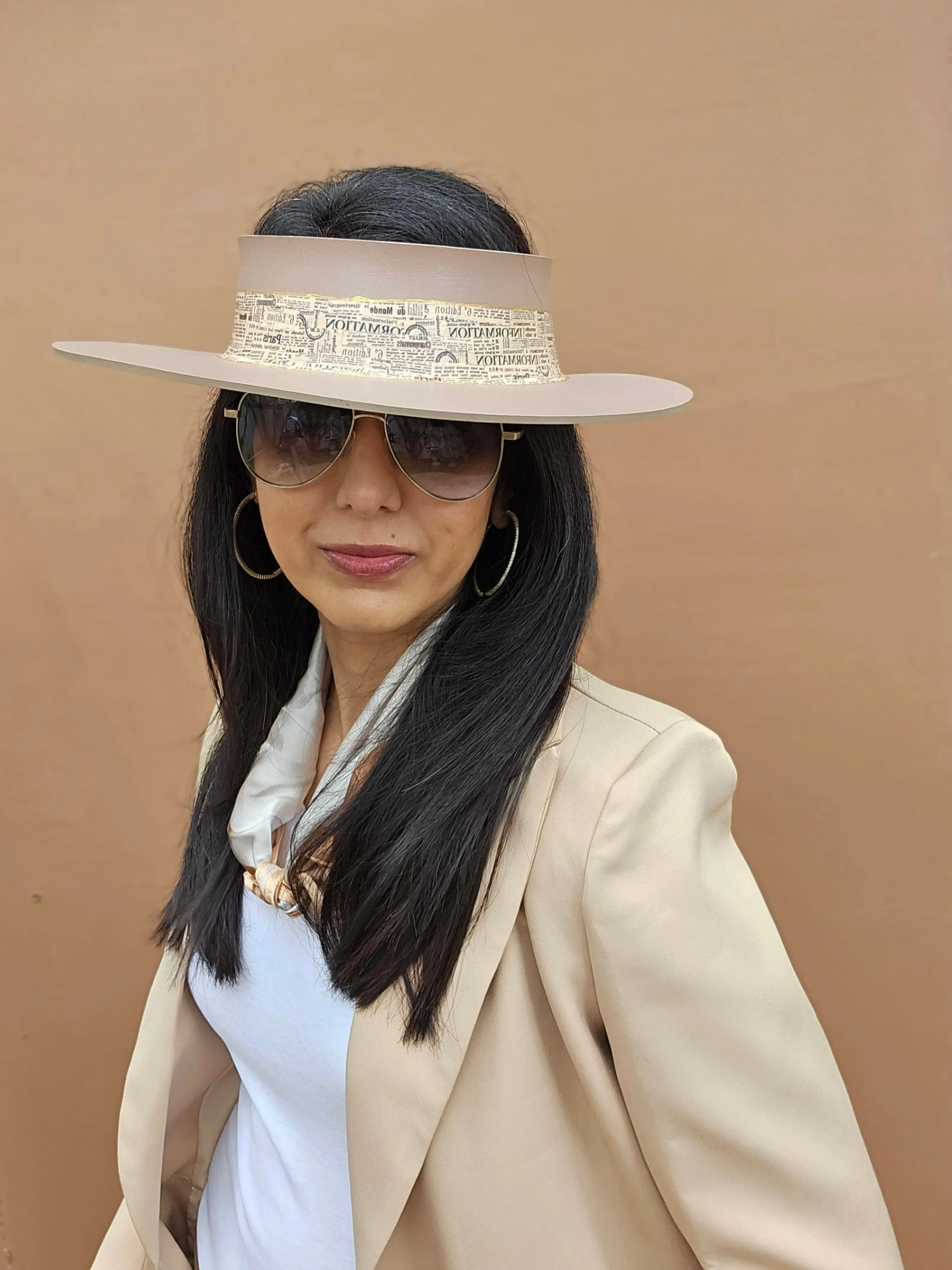 Brown "LadyEVA" Visor Hat with Newspaper Script Themed Band