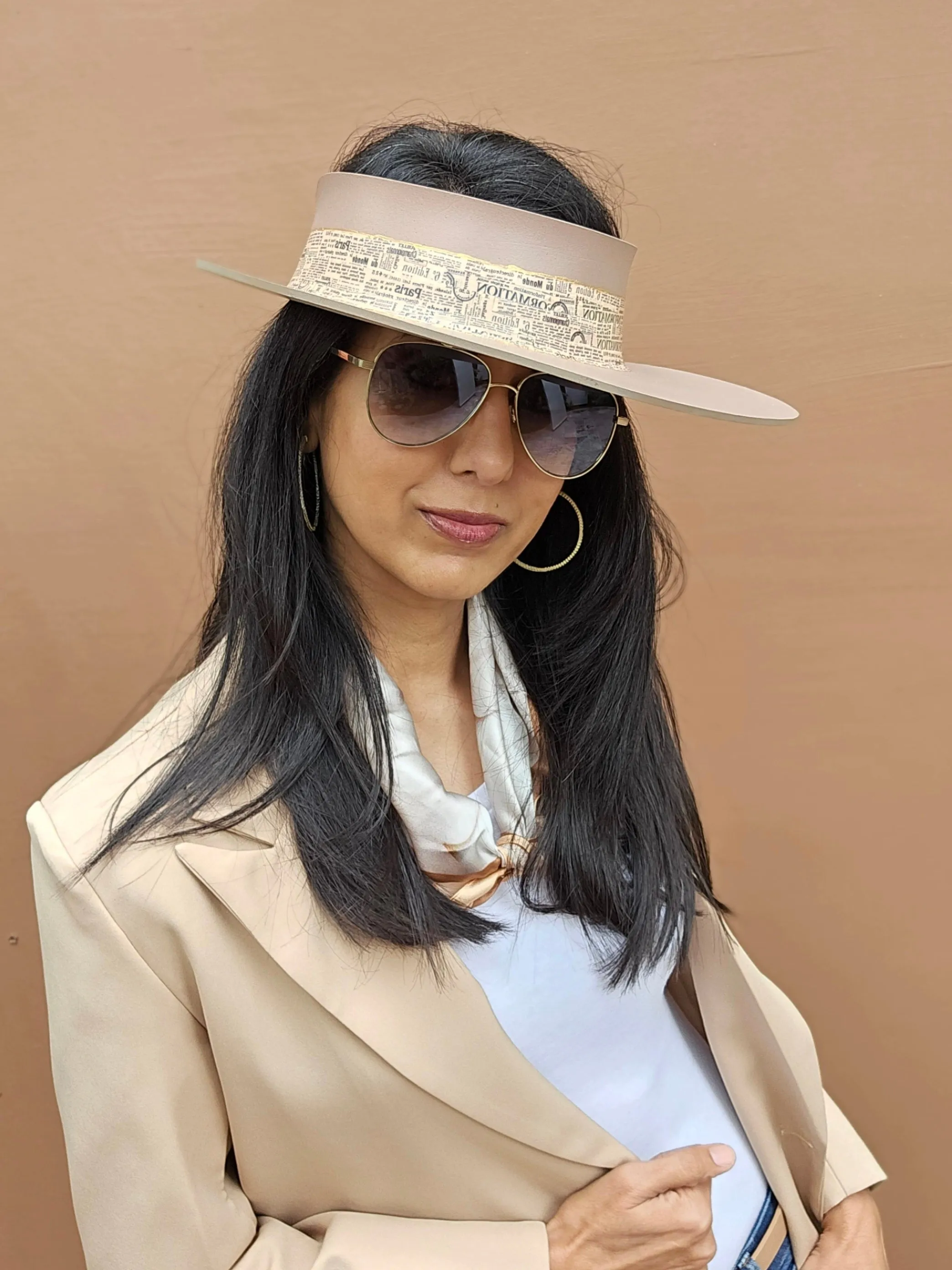 Brown "LadyEVA" Visor Hat with Newspaper Script Themed Band