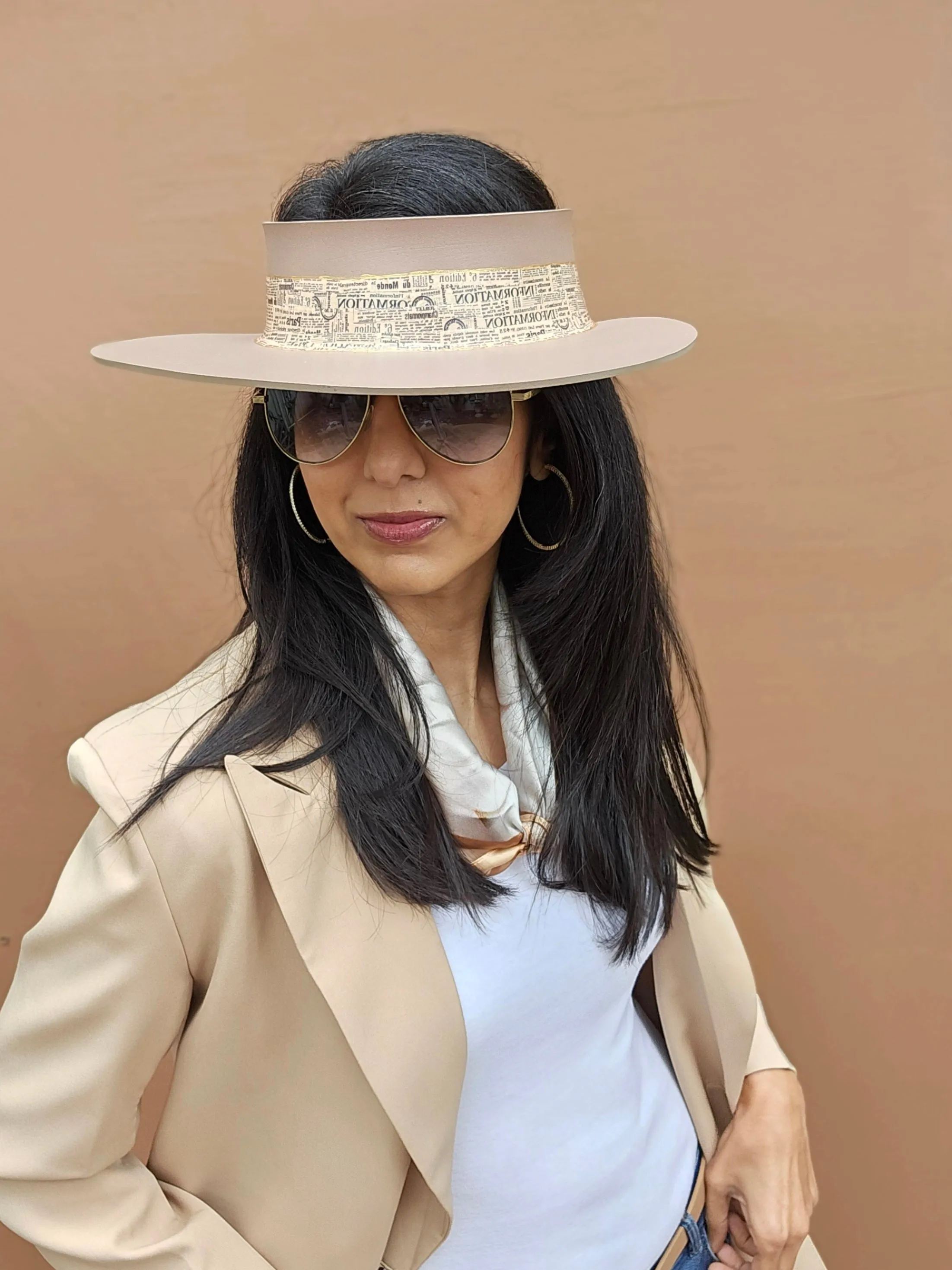 Brown "LadyEVA" Visor Hat with Newspaper Script Themed Band