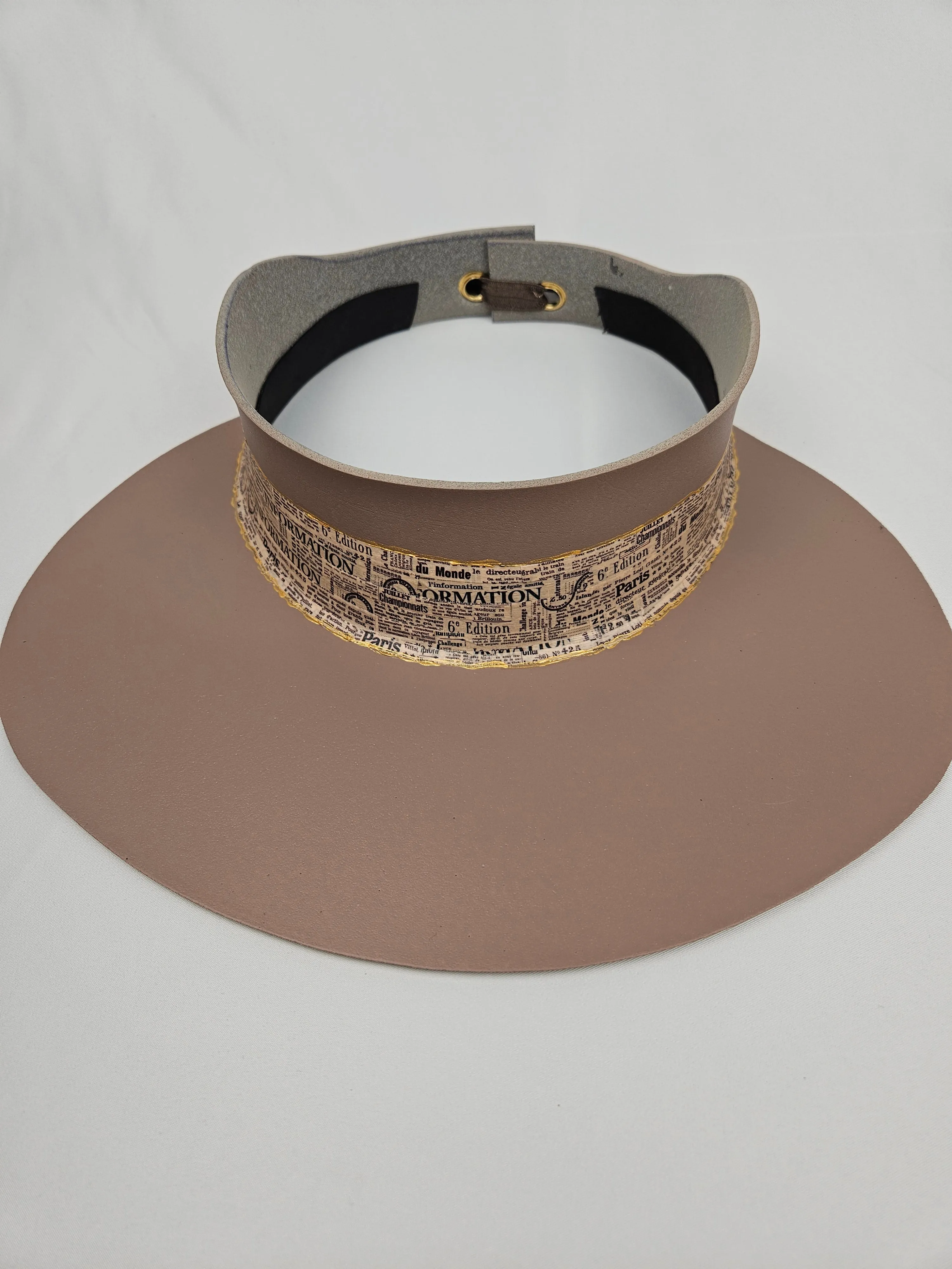 Brown "LadyEVA" Visor Hat with Newspaper Script Themed Band