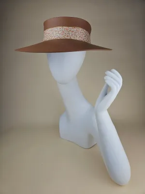 Brown "LadyEVA" Visor Hat with Orange Floral Band and Gold Paint Splatter Effect