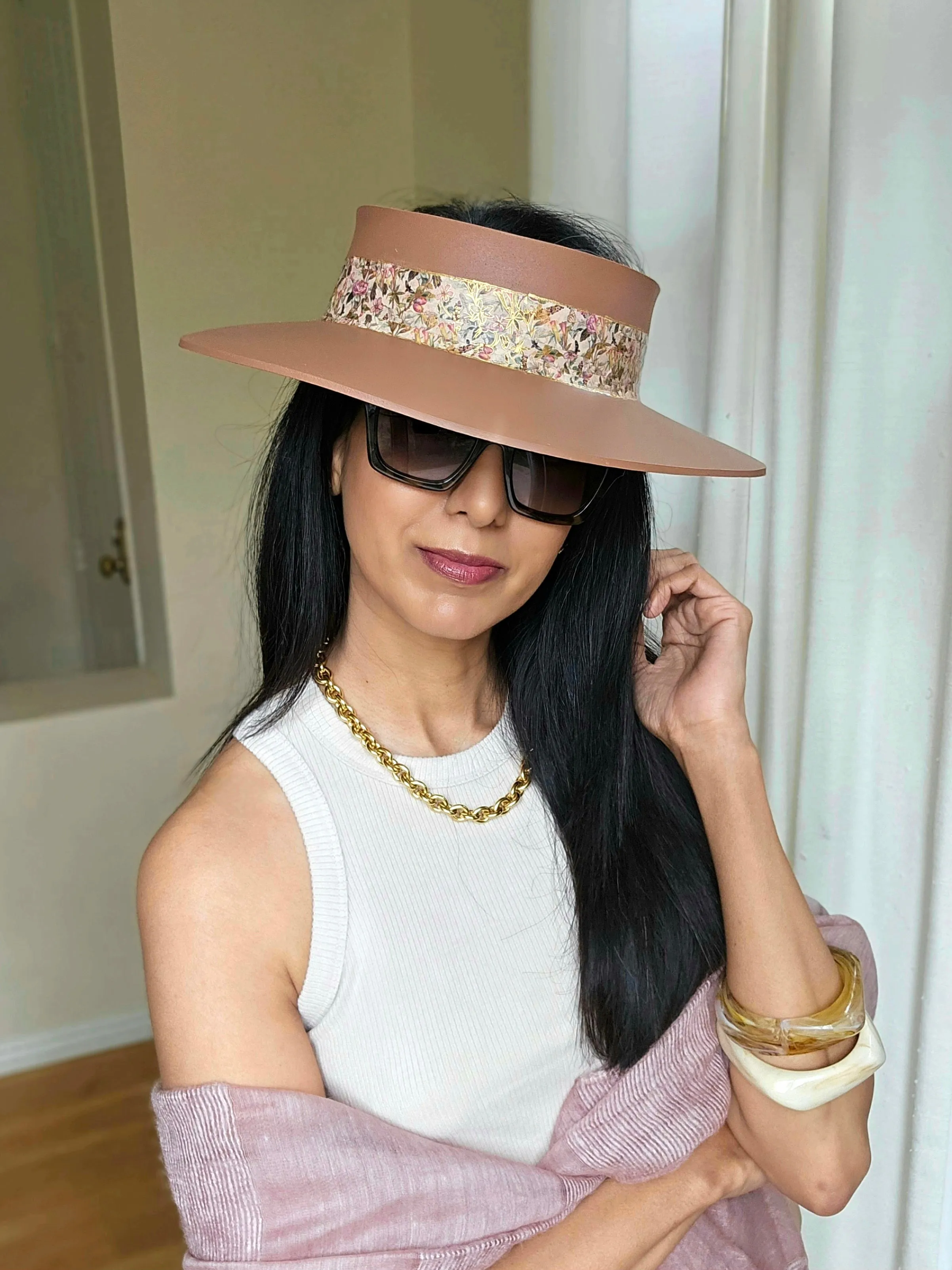 Brown "LadyEVA" Visor Hat with Pink and Gold Floral Band