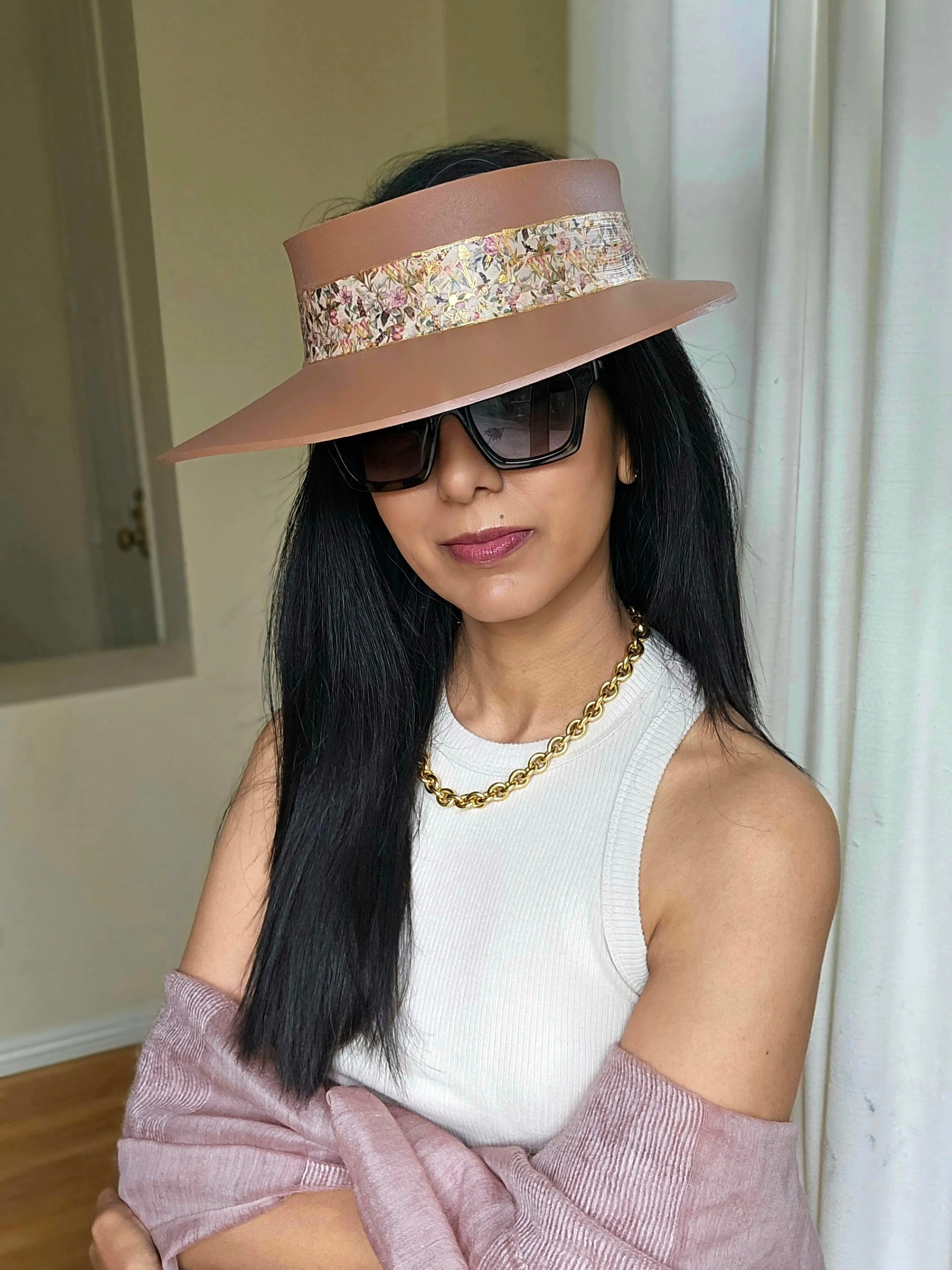 Brown "LadyEVA" Visor Hat with Pink and Gold Floral Band