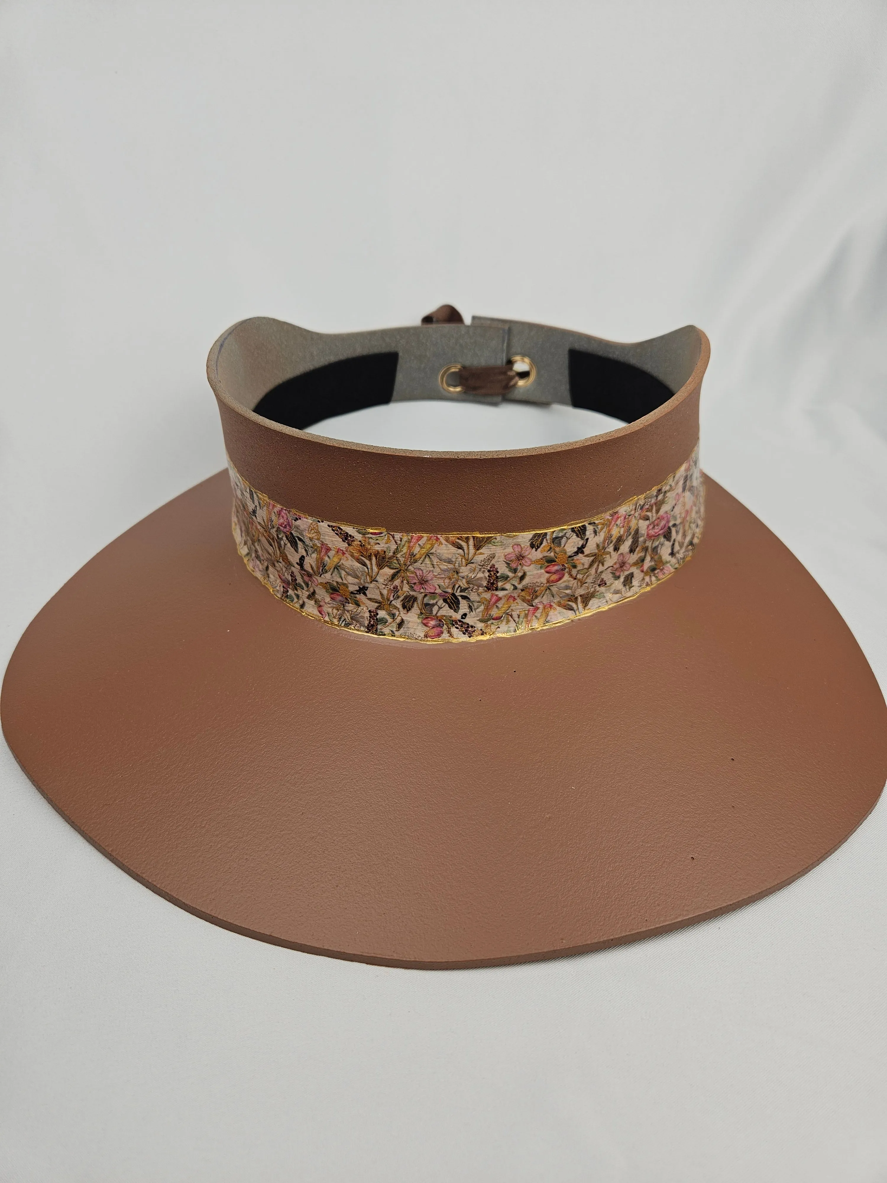 Brown "LadyEVA" Visor Hat with Pink and Gold Floral Band