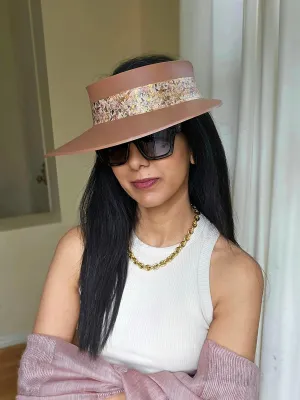 Brown "LadyEVA" Visor Hat with Pink and Gold Floral Band