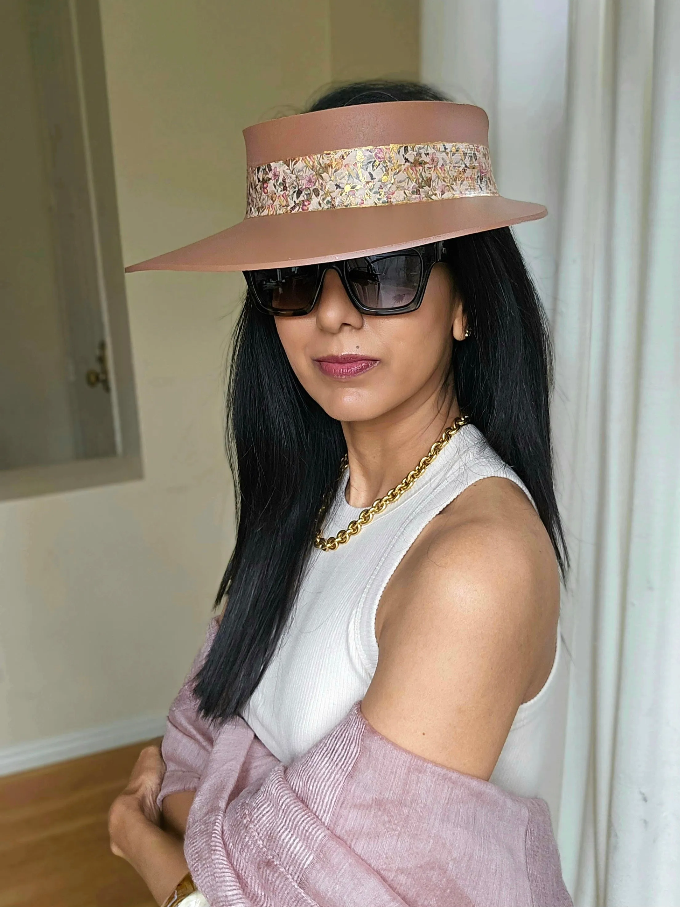 Brown "LadyEVA" Visor Hat with Pink and Gold Floral Band