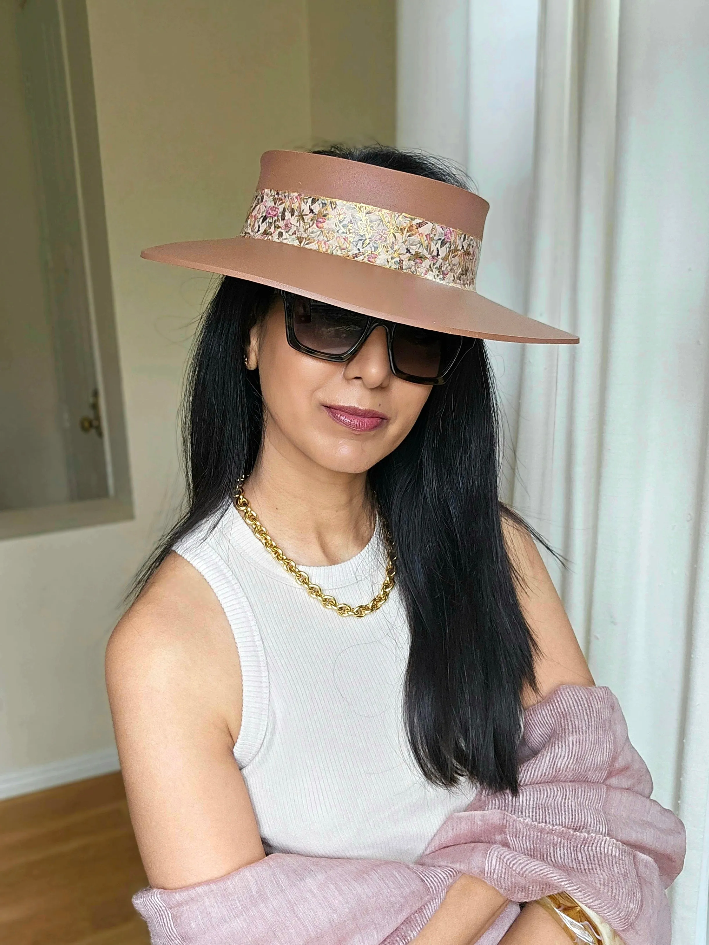 Brown "LadyEVA" Visor Hat with Pink and Gold Floral Band