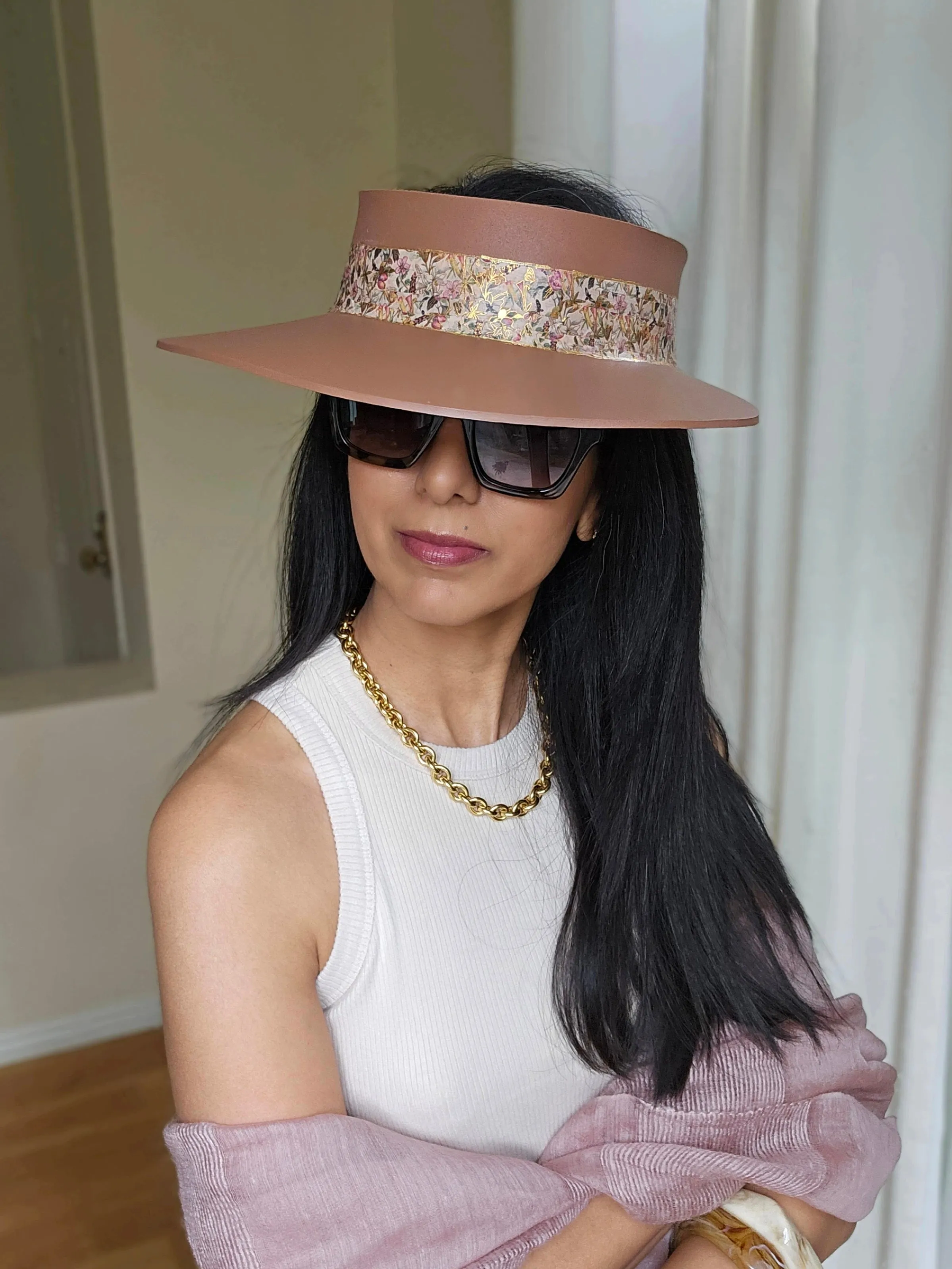 Brown "LadyEVA" Visor Hat with Pink and Gold Floral Band