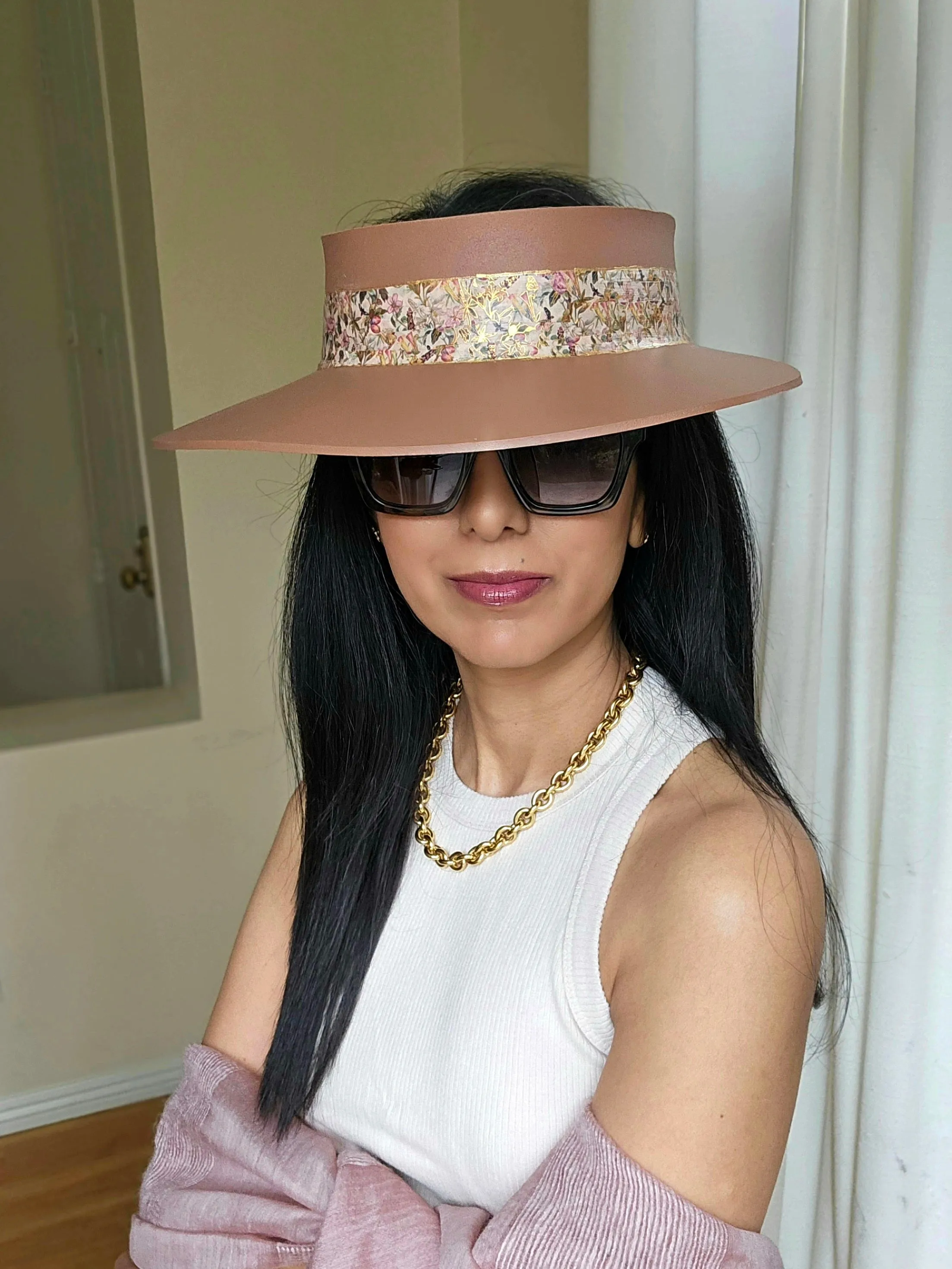 Brown "LadyEVA" Visor Hat with Pink and Gold Floral Band