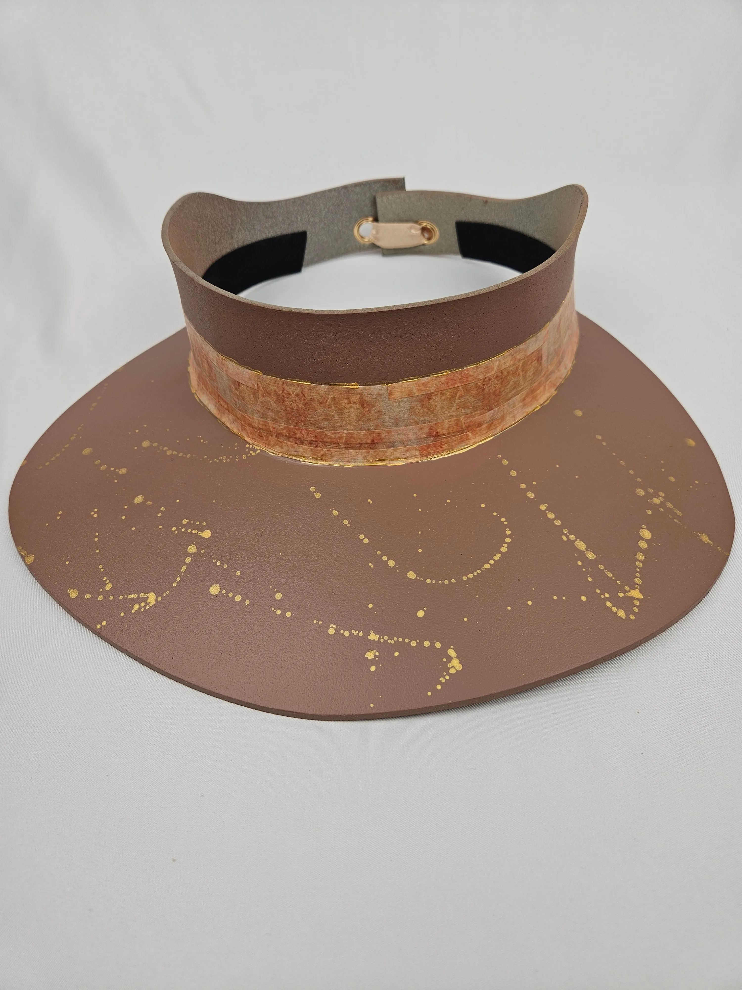 Brown "LadyEVA" Visor Hat with Warm Brown Collage Style Band and Golden Paint Splatter