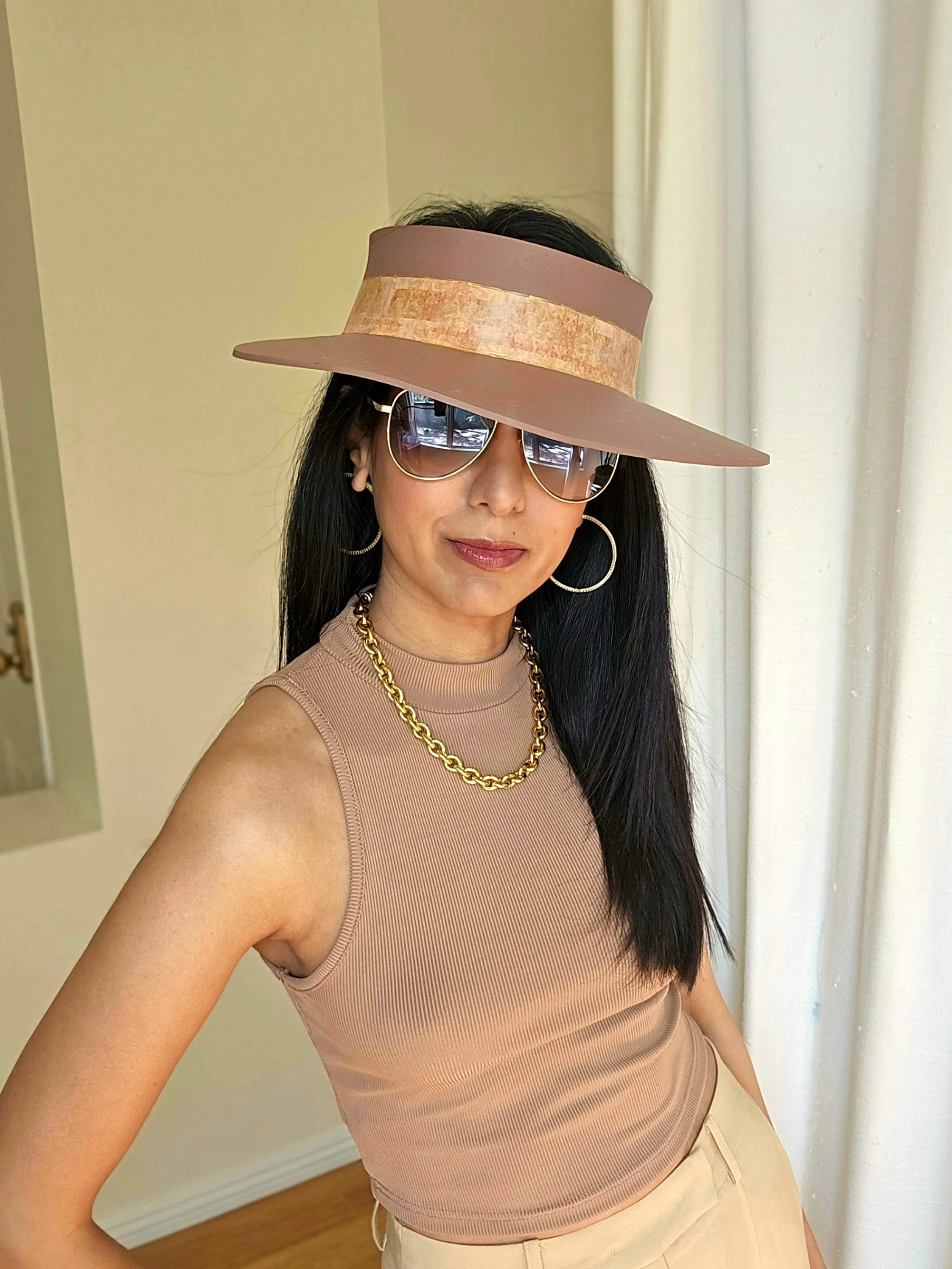 Brown "LadyEVA" Visor Hat with Warm Brown Collage Style Band and Golden Paint Splatter