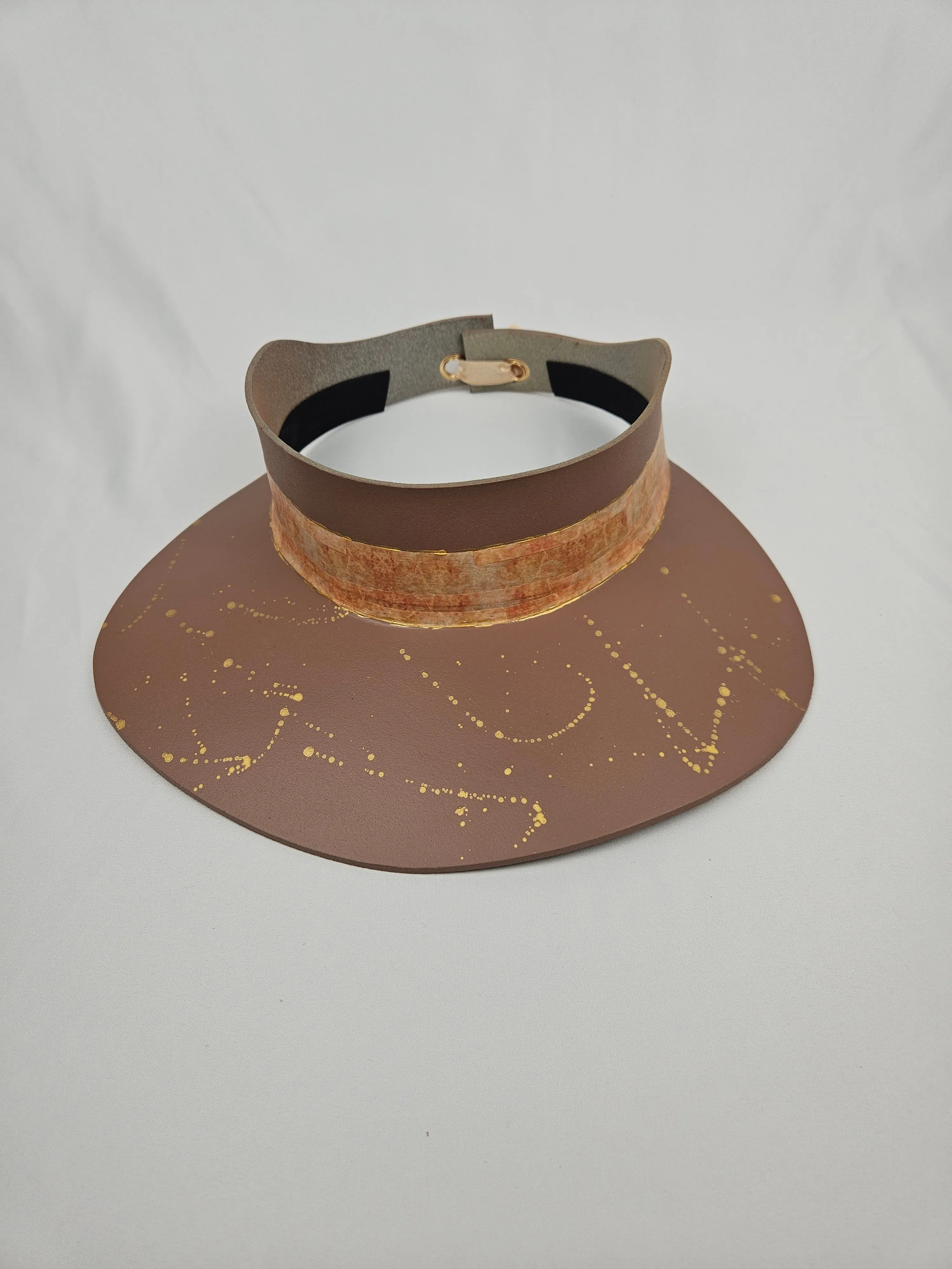 Brown "LadyEVA" Visor Hat with Warm Brown Collage Style Band and Golden Paint Splatter