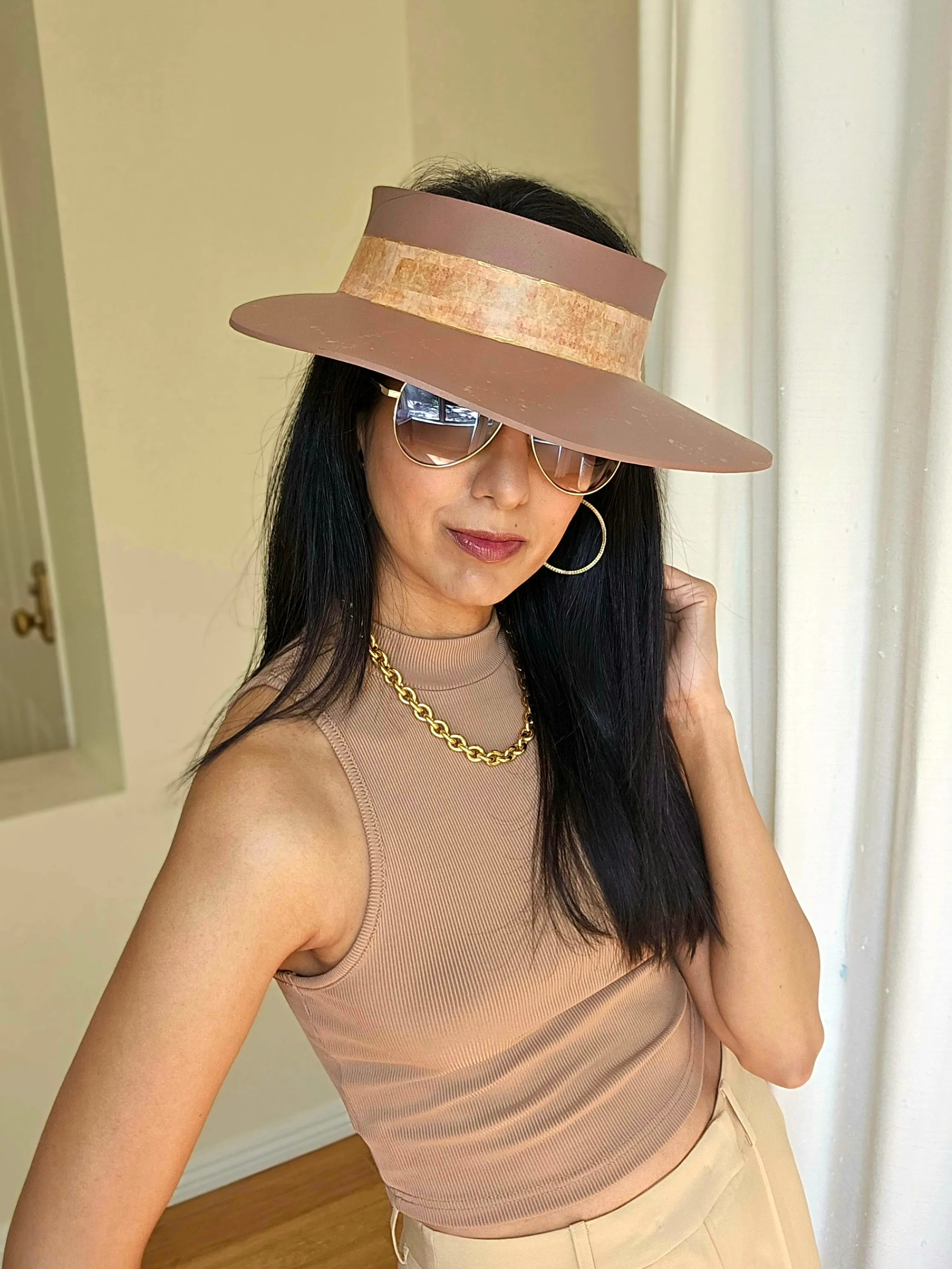 Brown "LadyEVA" Visor Hat with Warm Brown Collage Style Band and Golden Paint Splatter