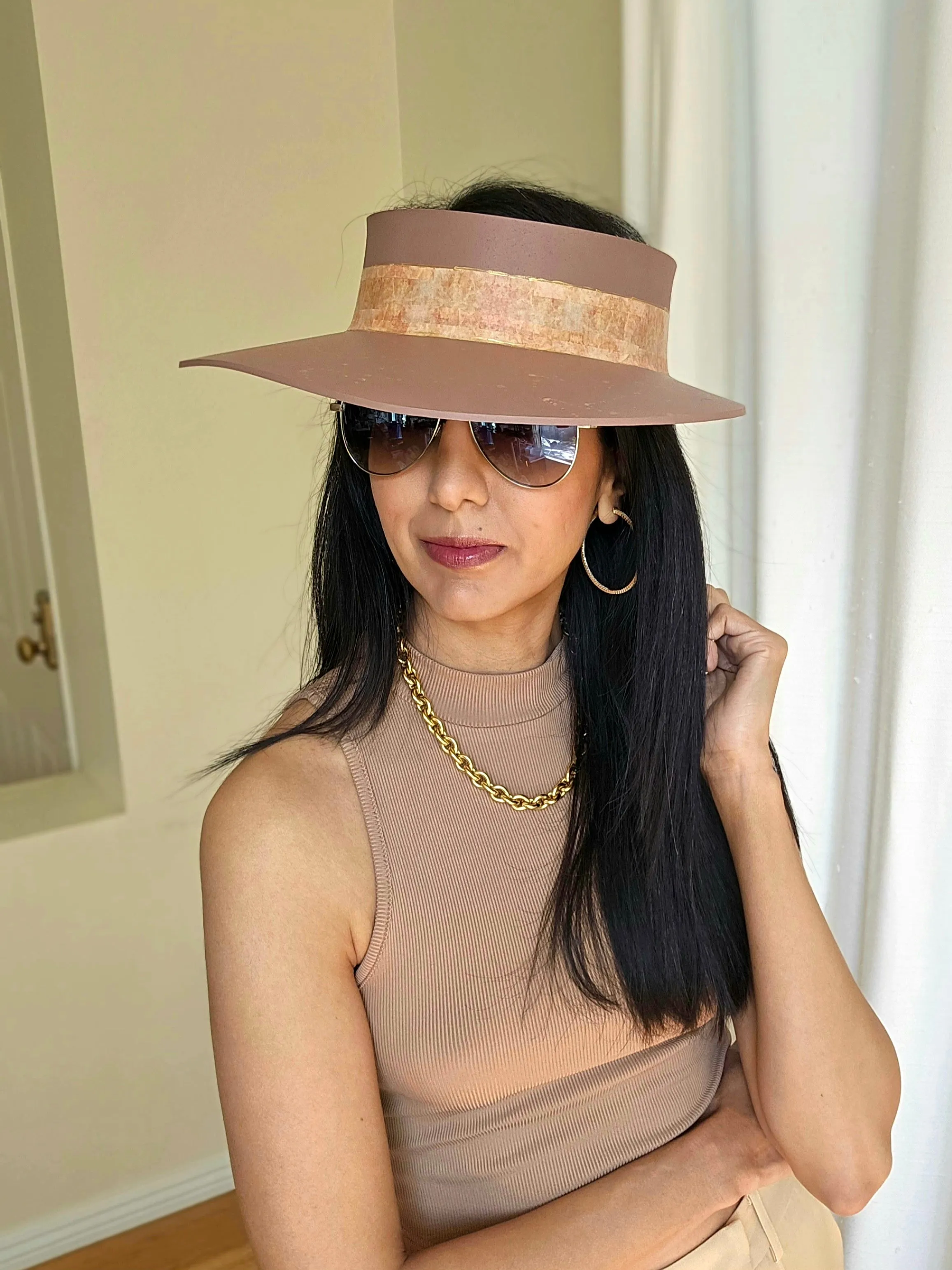 Brown "LadyEVA" Visor Hat with Warm Brown Collage Style Band and Golden Paint Splatter