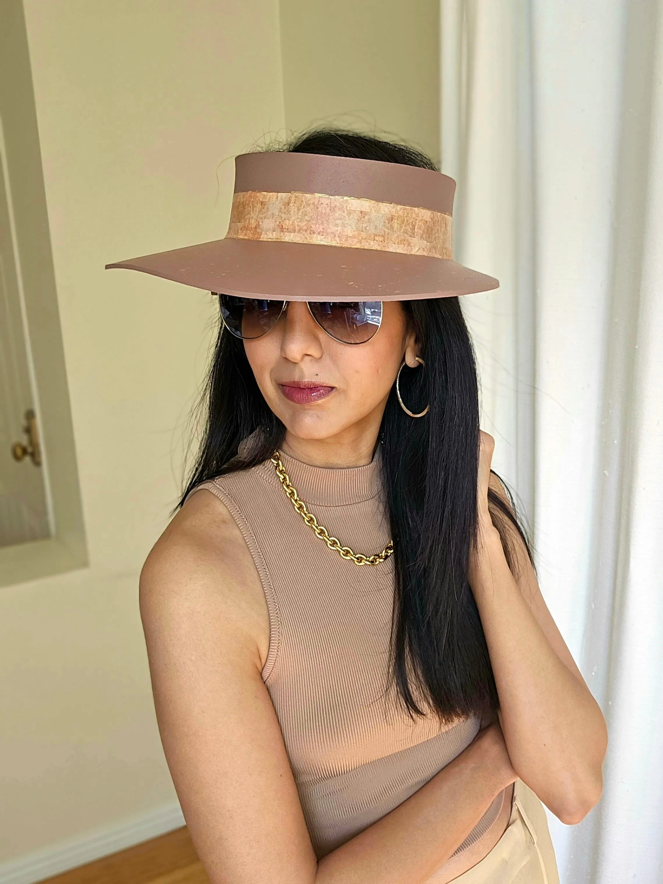 Brown "LadyEVA" Visor Hat with Warm Brown Collage Style Band and Golden Paint Splatter