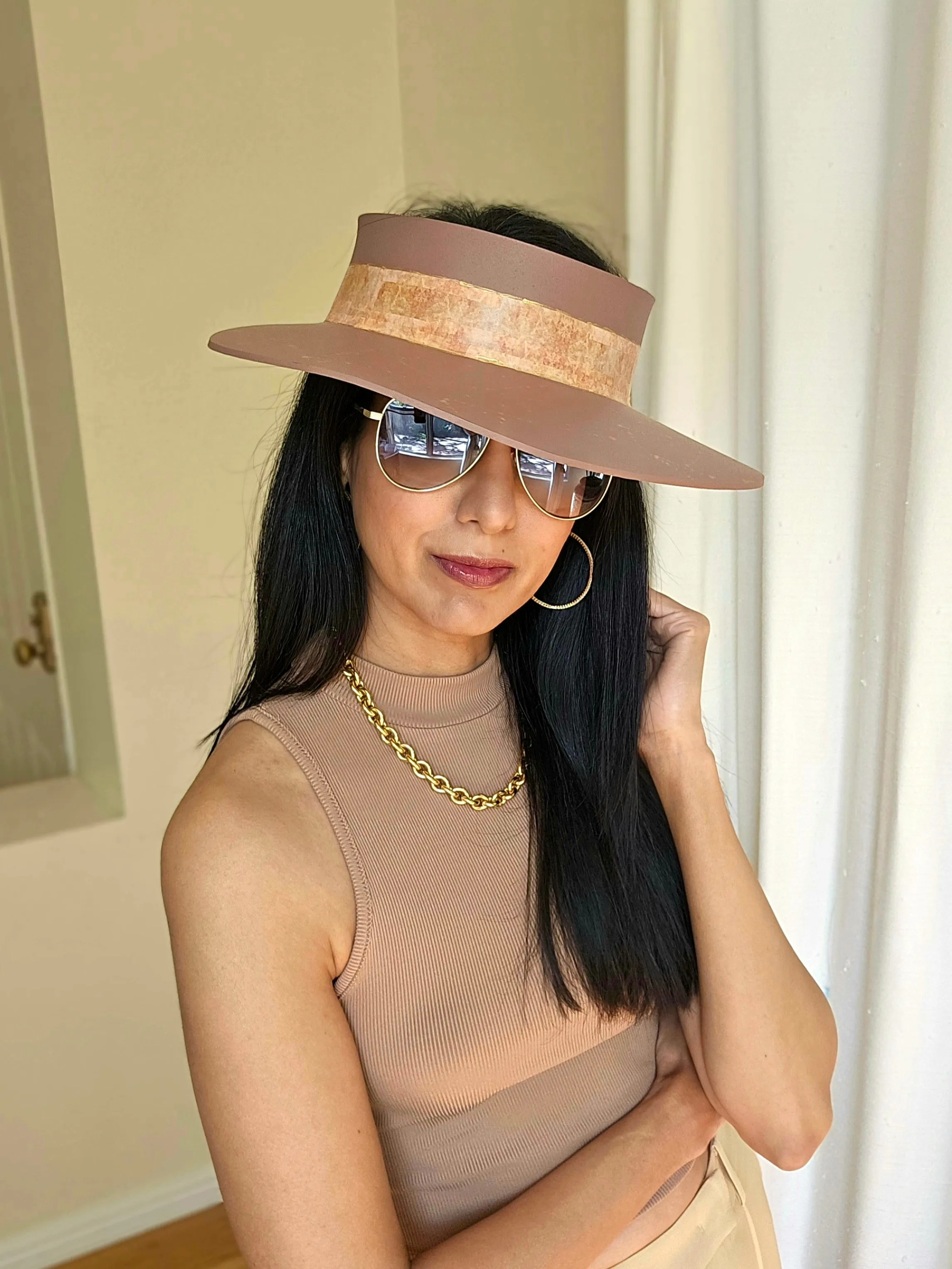 Brown "LadyEVA" Visor Hat with Warm Brown Collage Style Band and Golden Paint Splatter