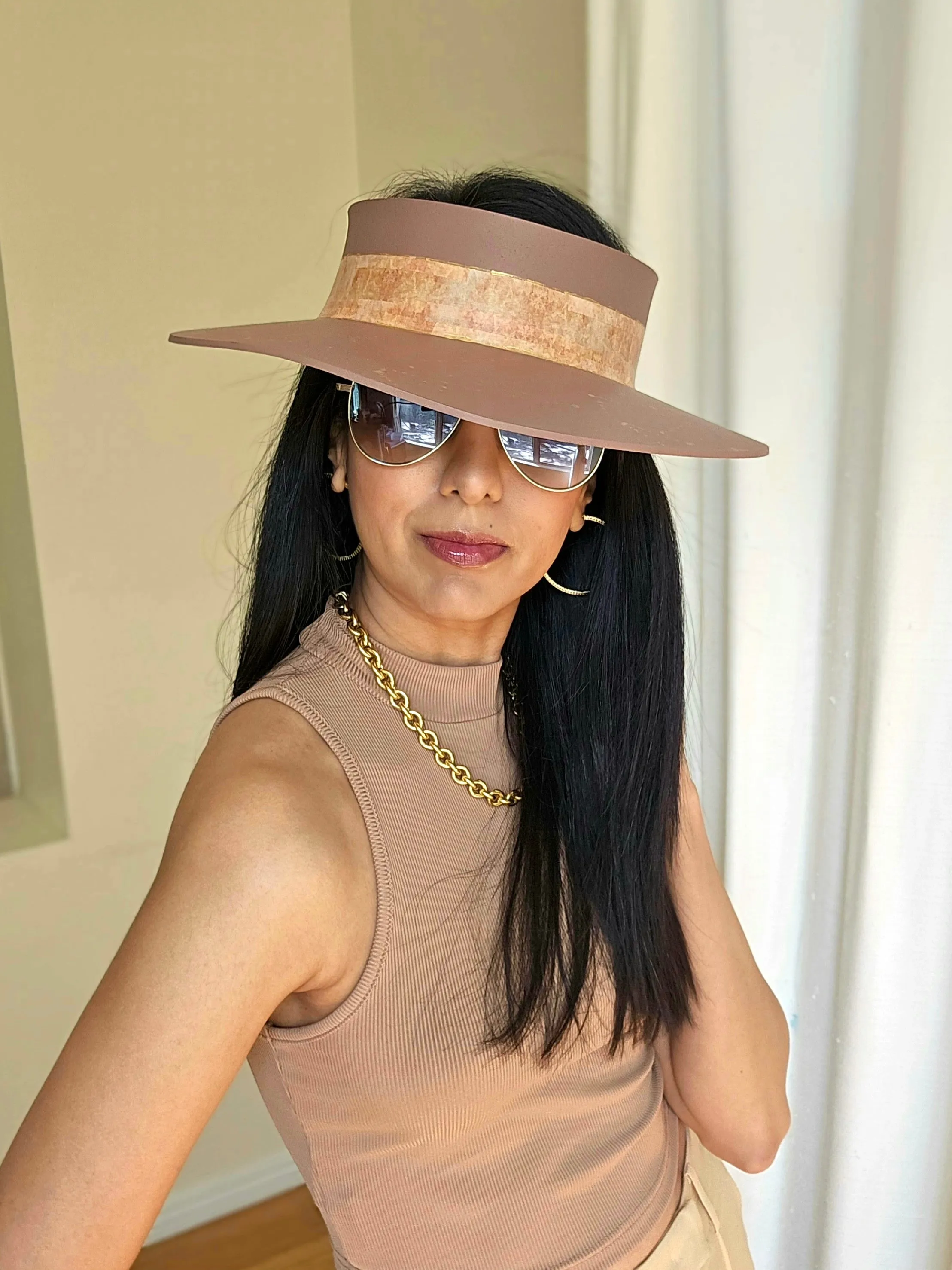 Brown "LadyEVA" Visor Hat with Warm Brown Collage Style Band and Golden Paint Splatter