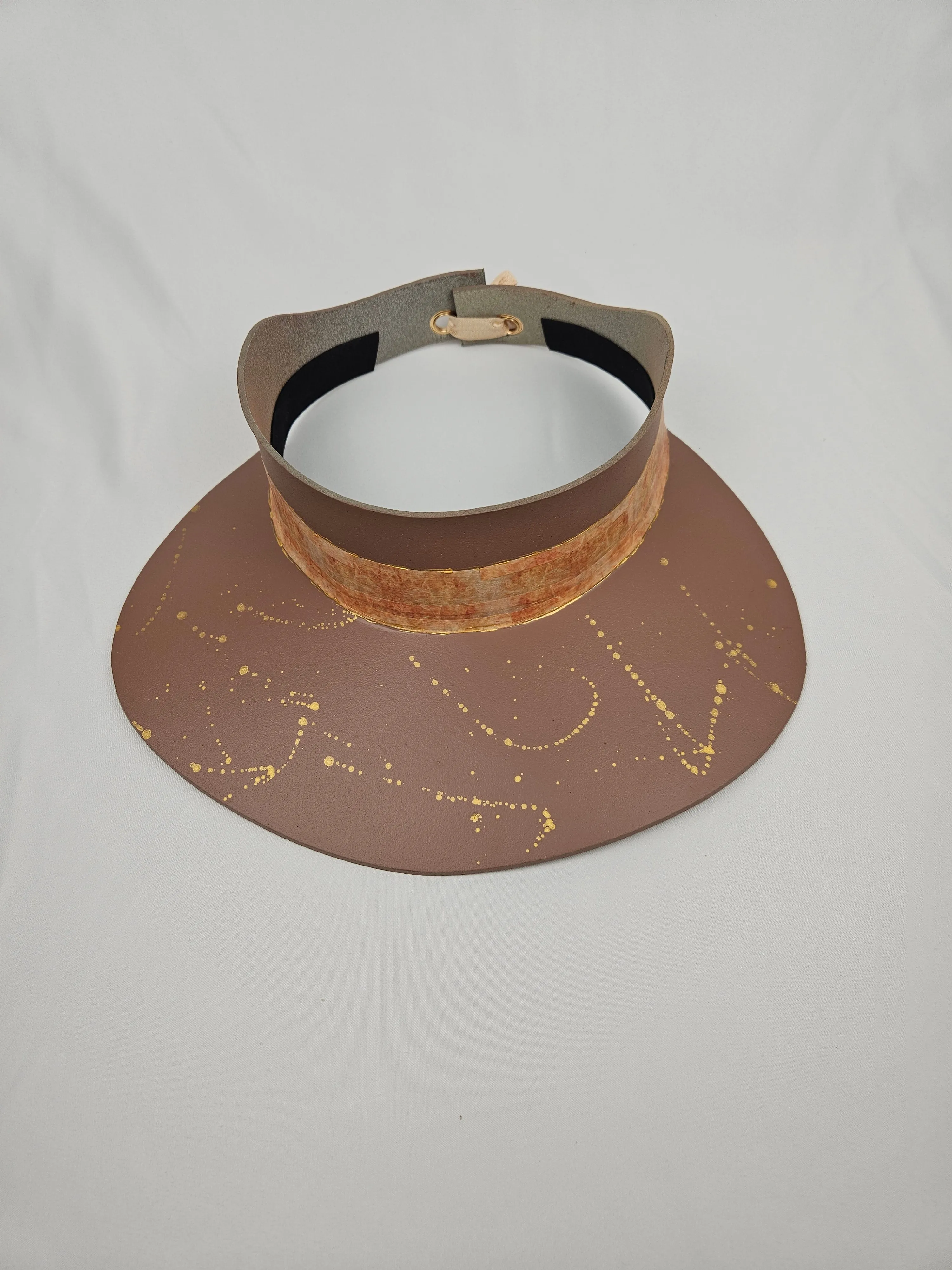 Brown "LadyEVA" Visor Hat with Warm Brown Collage Style Band and Golden Paint Splatter