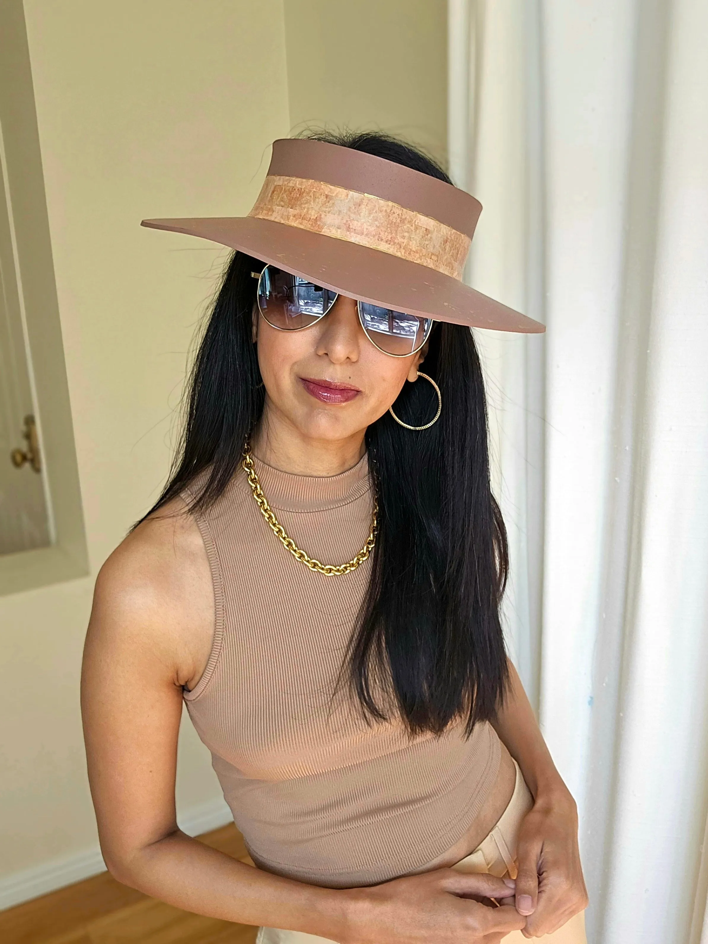 Brown "LadyEVA" Visor Hat with Warm Brown Collage Style Band and Golden Paint Splatter