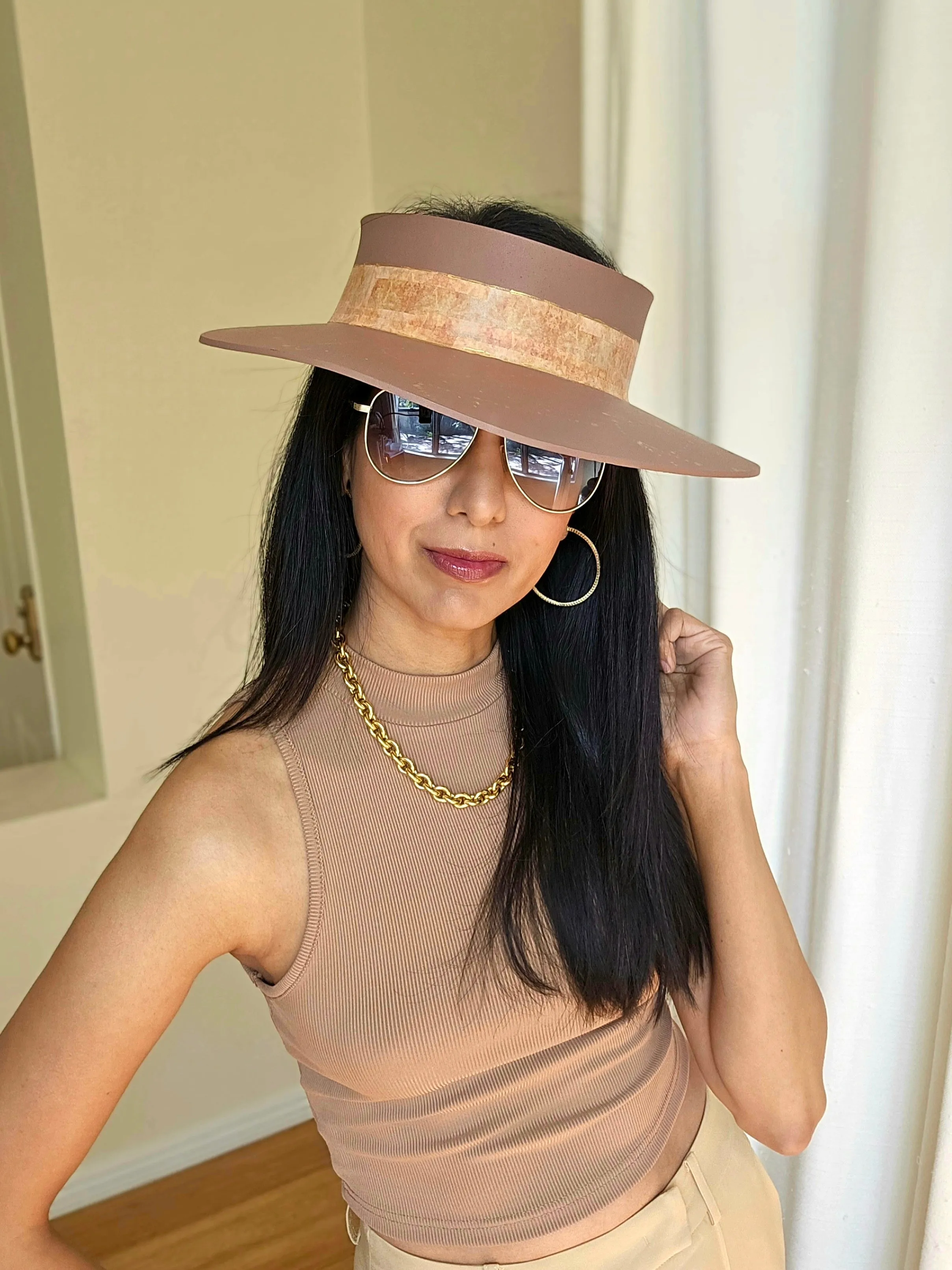 Brown "LadyEVA" Visor Hat with Warm Brown Collage Style Band and Golden Paint Splatter