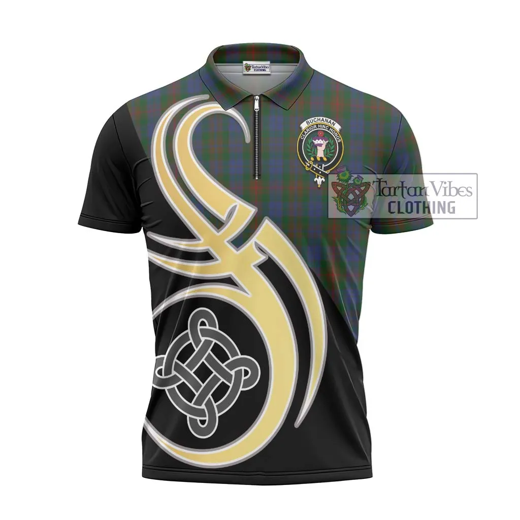 Buchanan Hunting Tartan Zipper Polo Shirt with Family Crest and Celtic Symbol Style