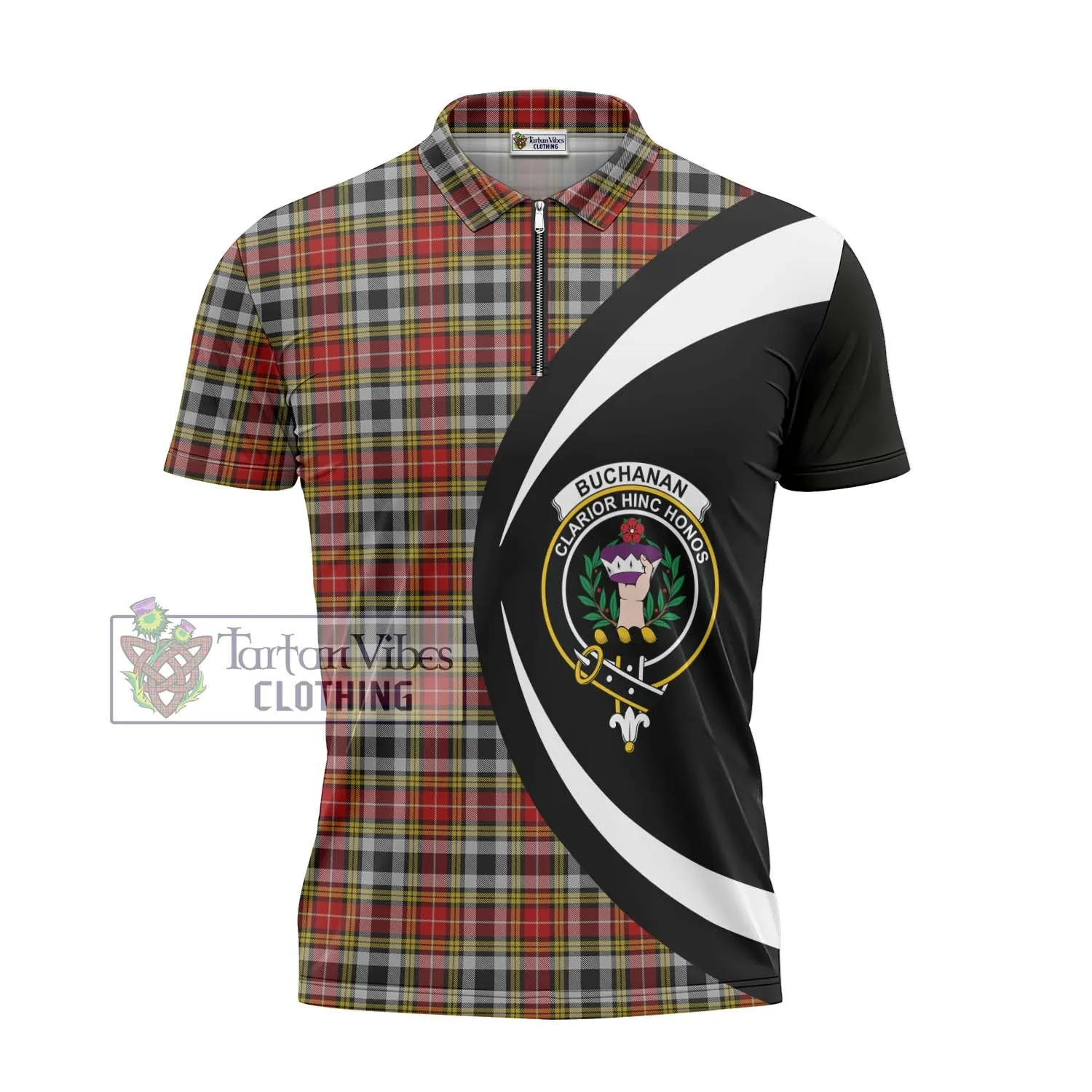 Buchanan Old Dress Tartan Zipper Polo Shirt with Family Crest Circle Style