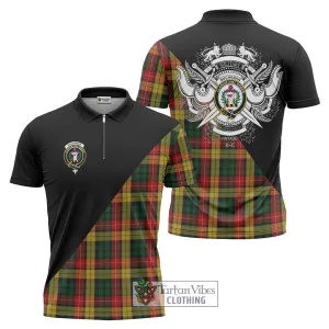 Buchanan Tartan Zipper Polo Shirt with Family Crest and Military Logo Style