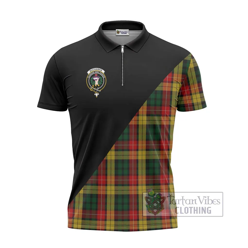 Buchanan Tartan Zipper Polo Shirt with Family Crest and Military Logo Style