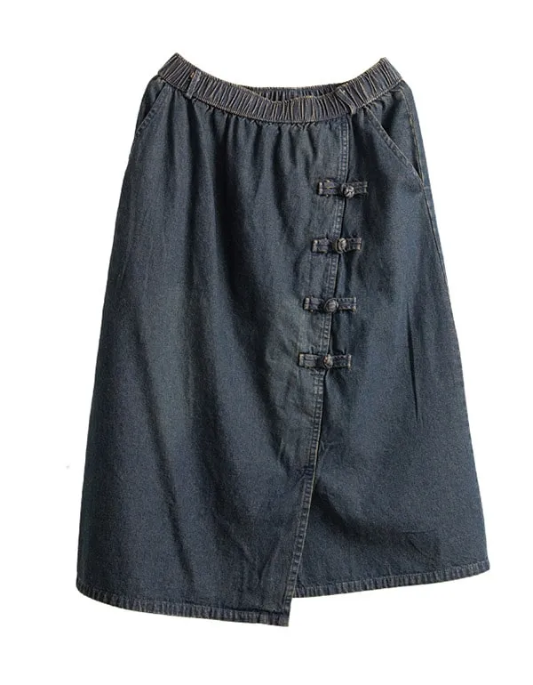 Buckle Hem Irregular Denim Mid-length Skirt