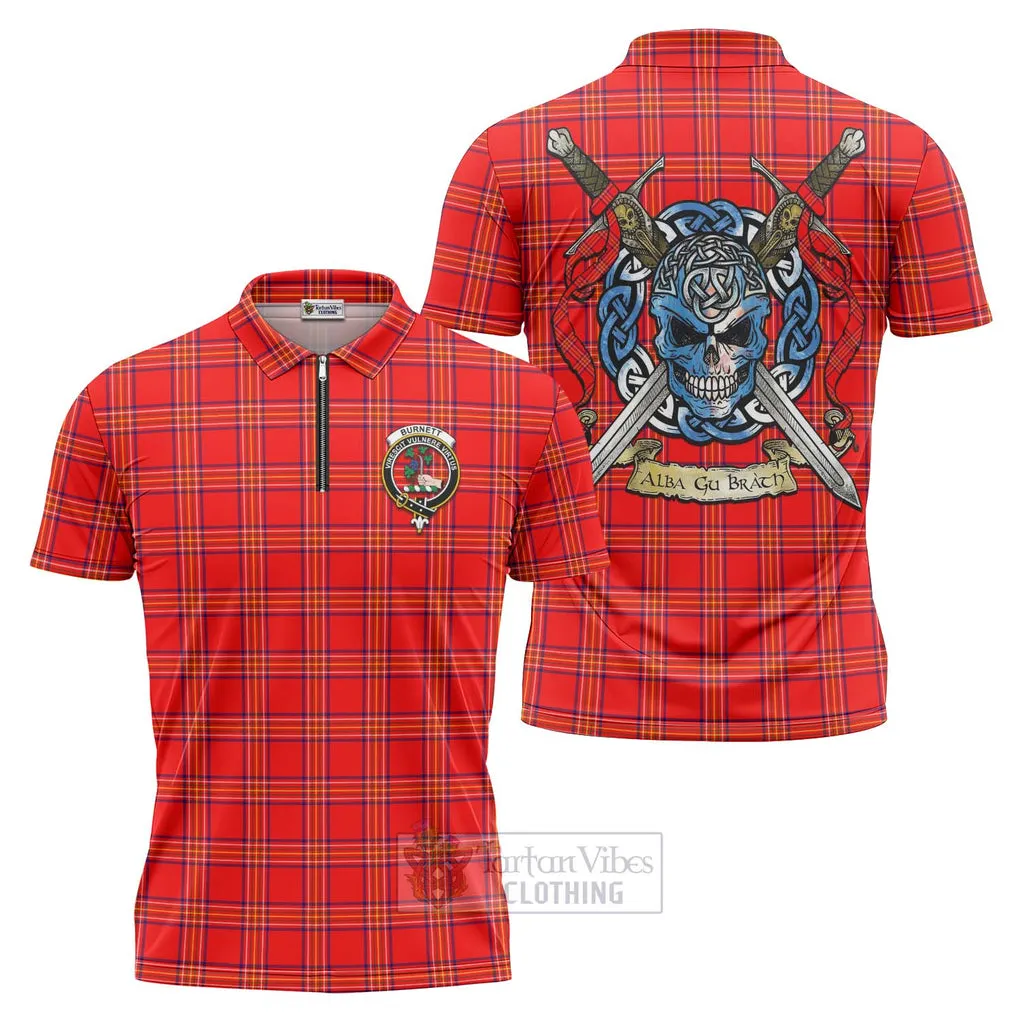 Burnett Tartan Zipper Polo Shirt with Family Crest Celtic Skull Style