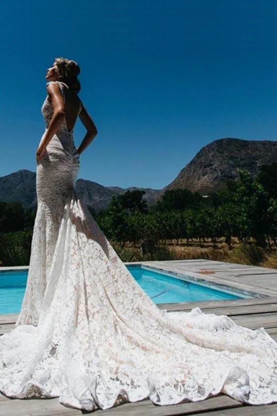 Charming Mermaid V-neck Backless Lace Beach Wedding Dress With Pocket PW278