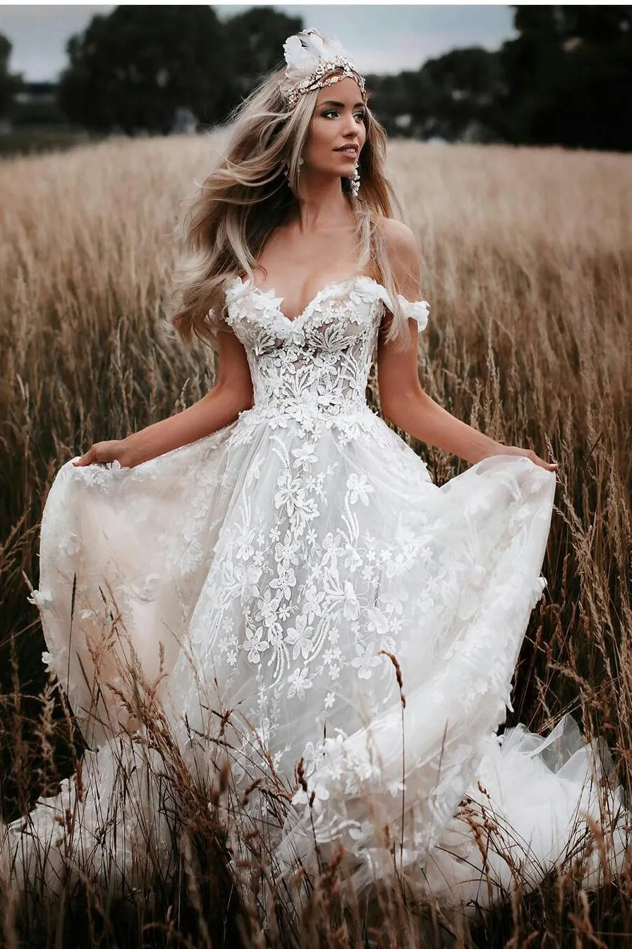 Charming Off the Shoulder Lace Appplique Beach Wedding Dress, Bridal Dress UQW0014