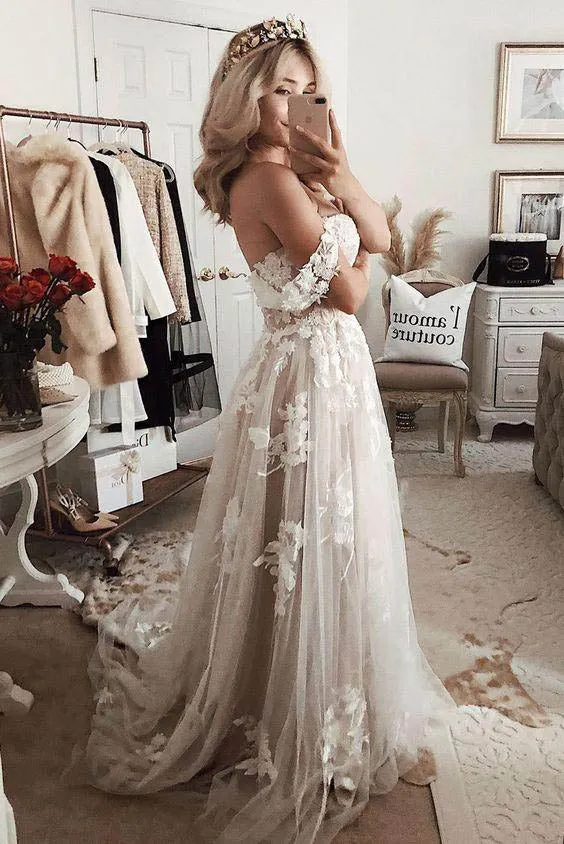 Chic Off Shoulder Lace Boho Wedding Dress, Beach Wedding Gown UQW0045