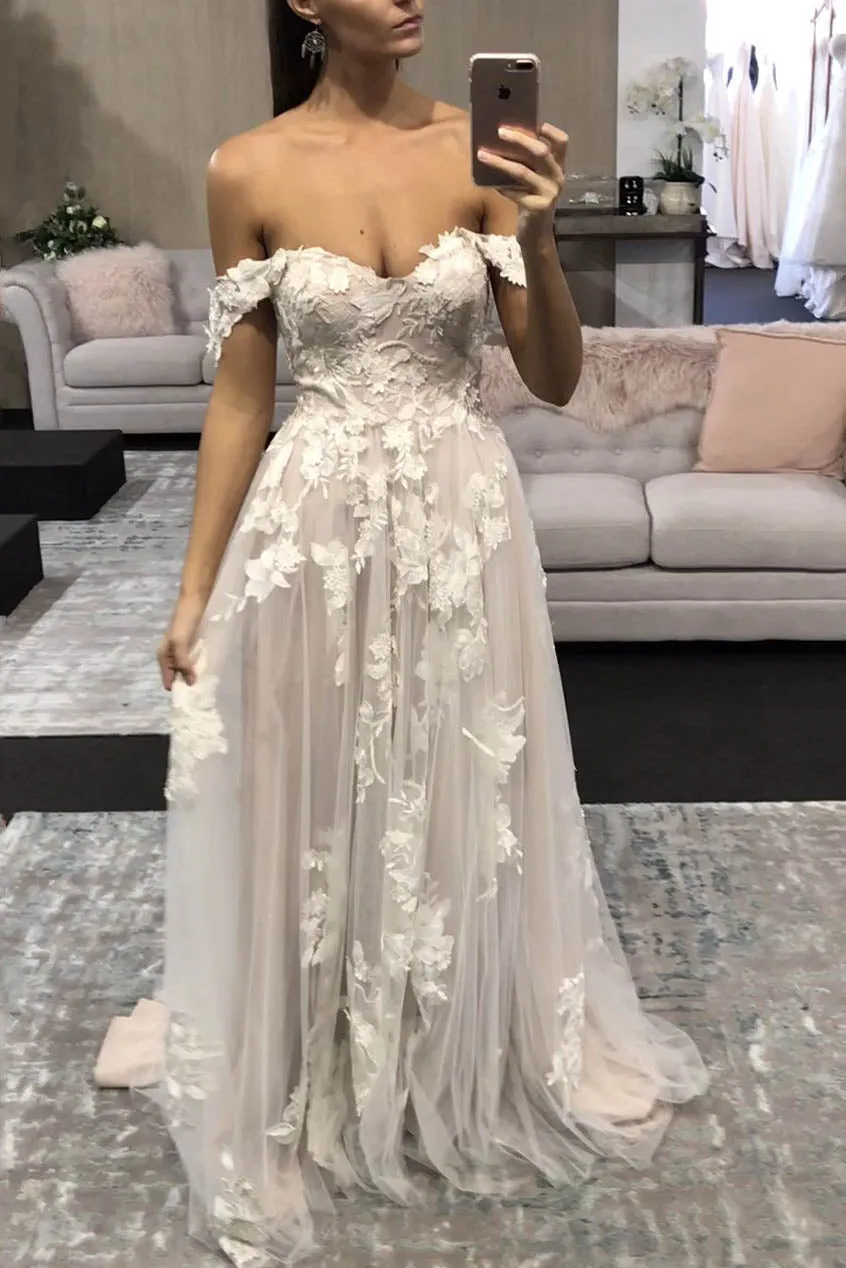 Chic Off Shoulder Lace Boho Wedding Dress, Beach Wedding Gown UQW0045