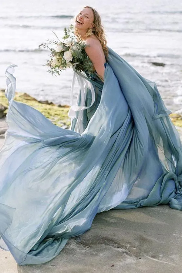 Chiffon Rustic Wedding Dresses Beach Wedding Gown With Court Train WD475