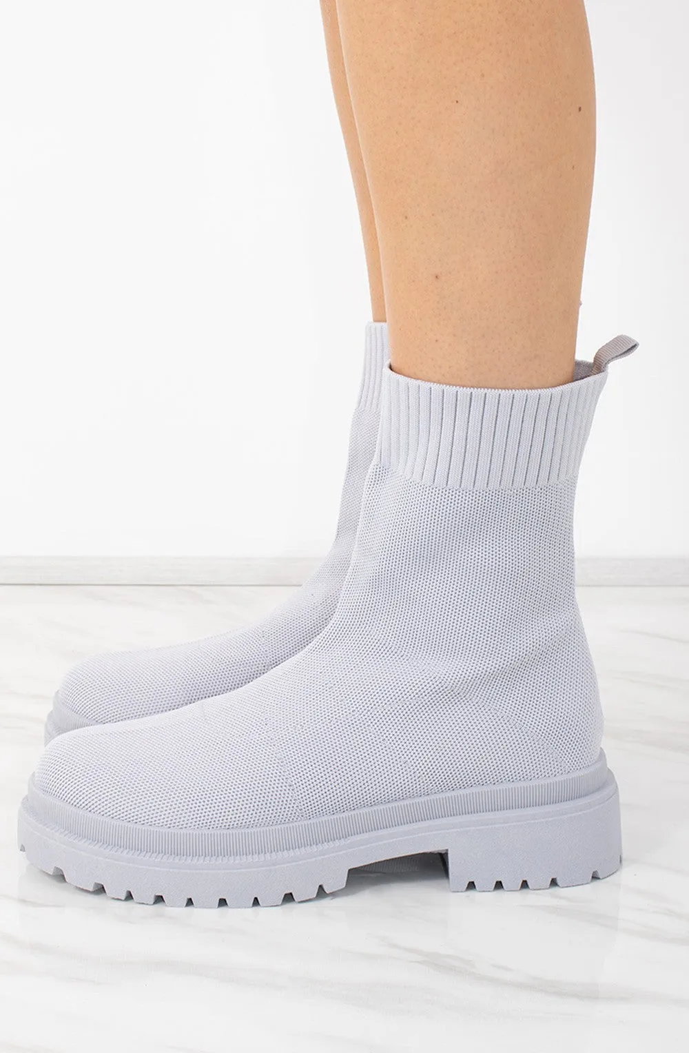 Chunky Grey Ribbed Fabric Ankle Sock Boot